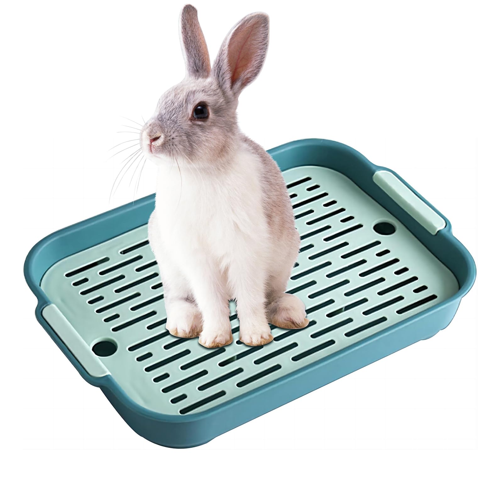 Hoquare Large Rabbit Litter Tray, Rectangular Bunny Litter Box with Grid, 2 Tier Flat Rabbit Cage Toilet Tray