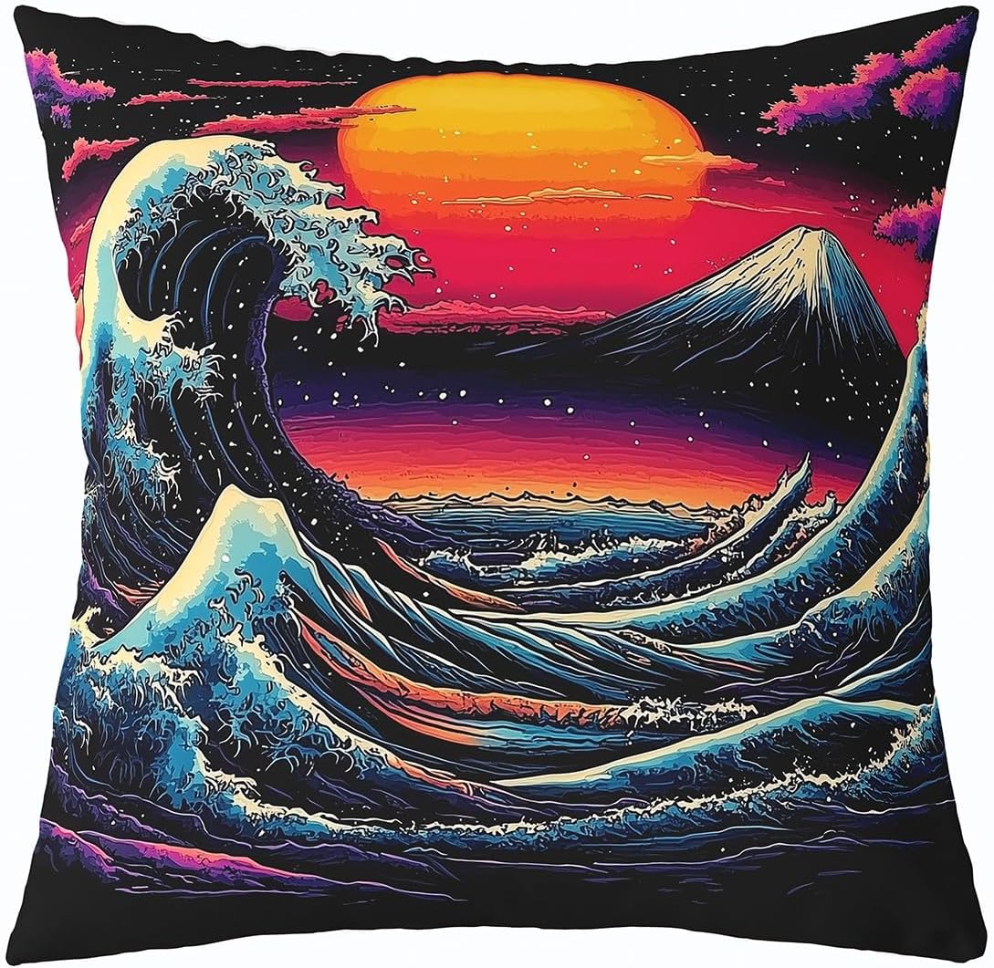 Erosebridal Japanese Style Throw Pillow Cover 24x24 Inch,Ukiyeo Ocean Waves Pillow Cover,Traditional Mountain Cushion Cover,Oil Painting Sunset Decorative Pillow Cover