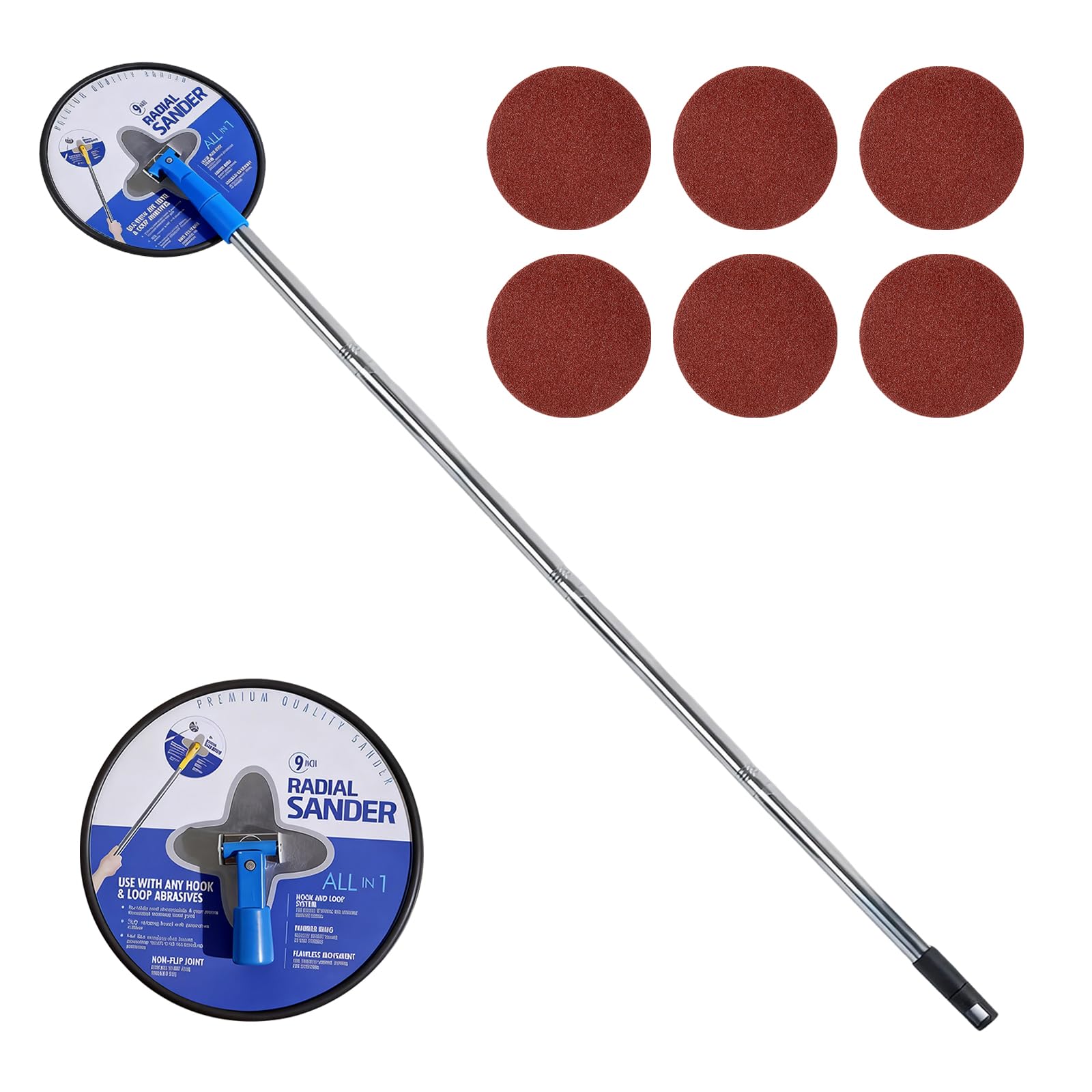 75 Inch Drywall Pole Sander 360 Circular Radial Sander with Extension Pole 6pcs Sanding Sheets (80/100/120/180/240/320 Grit) for Wall Cleaning and Polishing