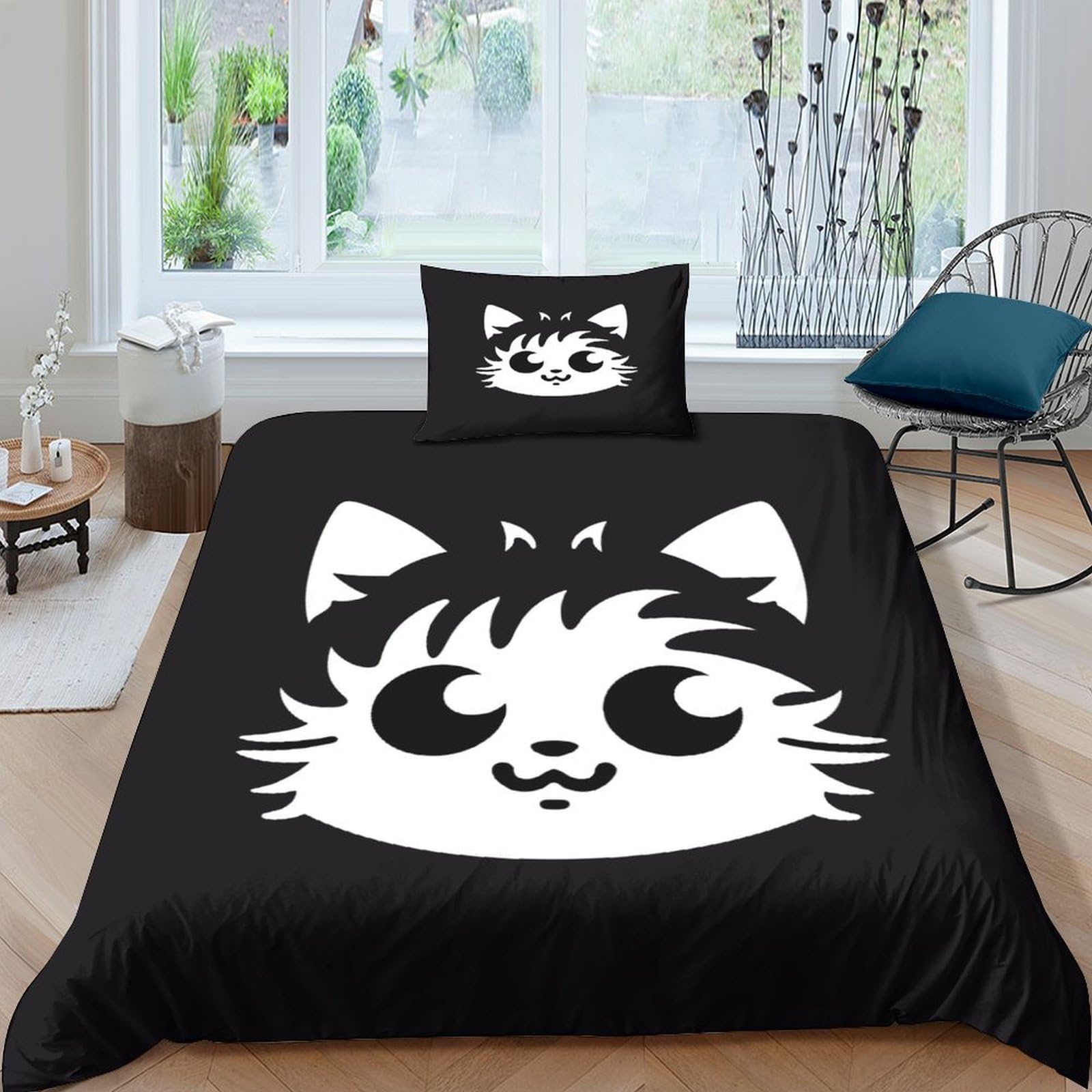Housse de couette chat imprimé noir et blanc 135x200 parure 3 pièces lavable