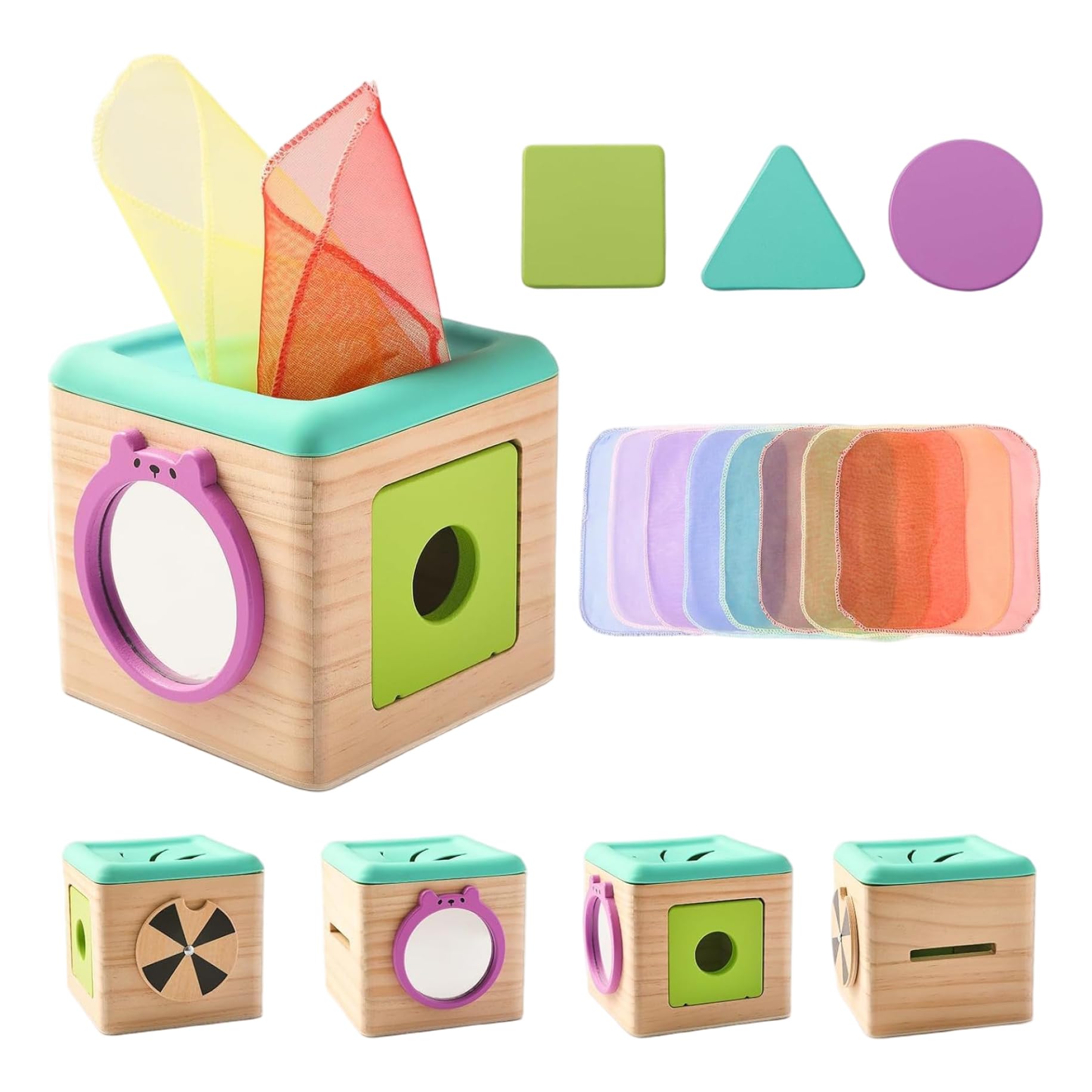Obelunrp Baby Tissue Box Toy, Educational Sensory Toys for Babies with Silk Scarf & Blocks, Wooden Tissue Box with Mirror for Infant Toddlers Boy Girl Presents, Outdoor Ornaments