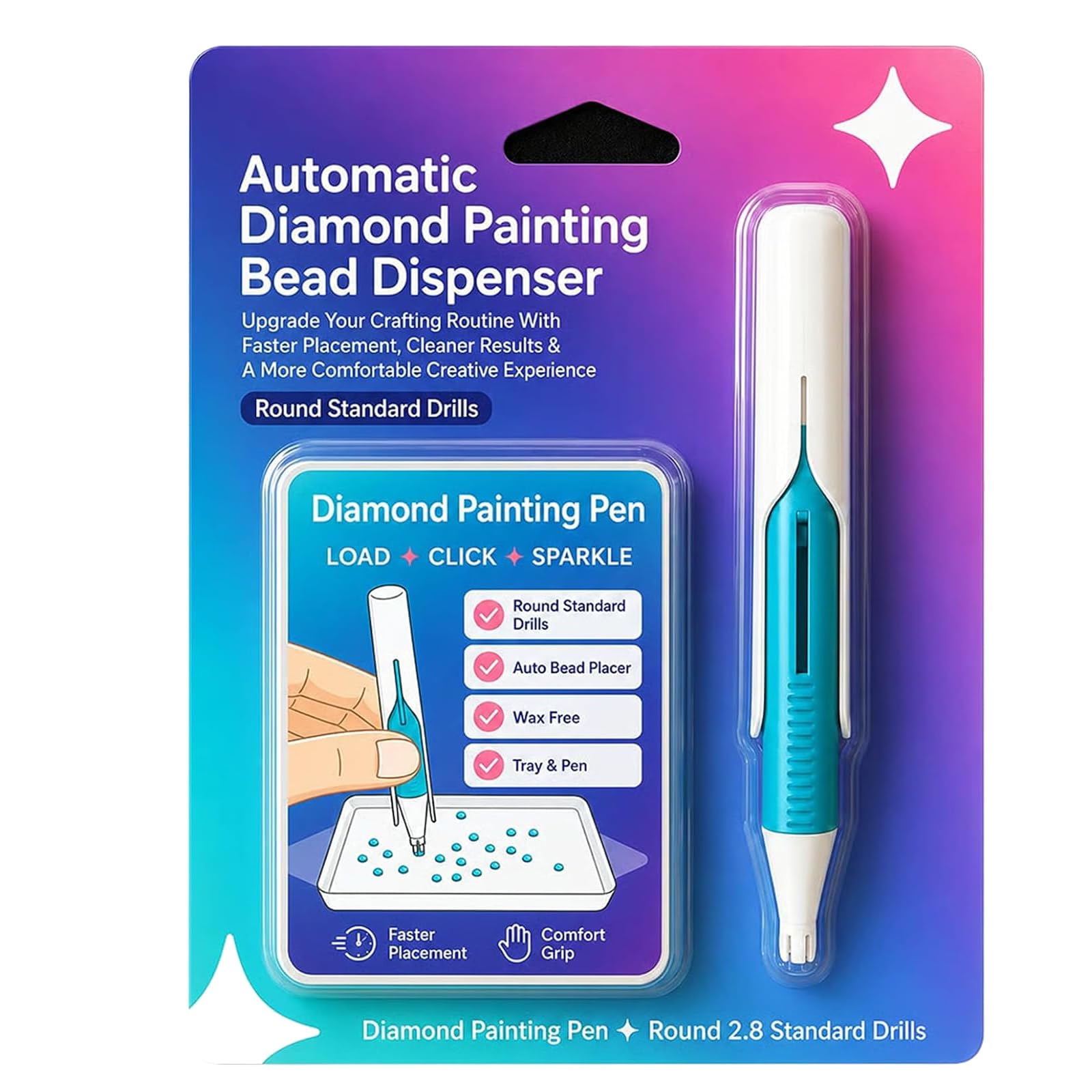 CRTZHA Automatic Diamond Painting Bead Dispenser, Auto Bead Dispenser for Diamond Art, DiamondArt Tools Pen No Wax Needed, Load 20 Beads, Comfortable Grip (Blue)