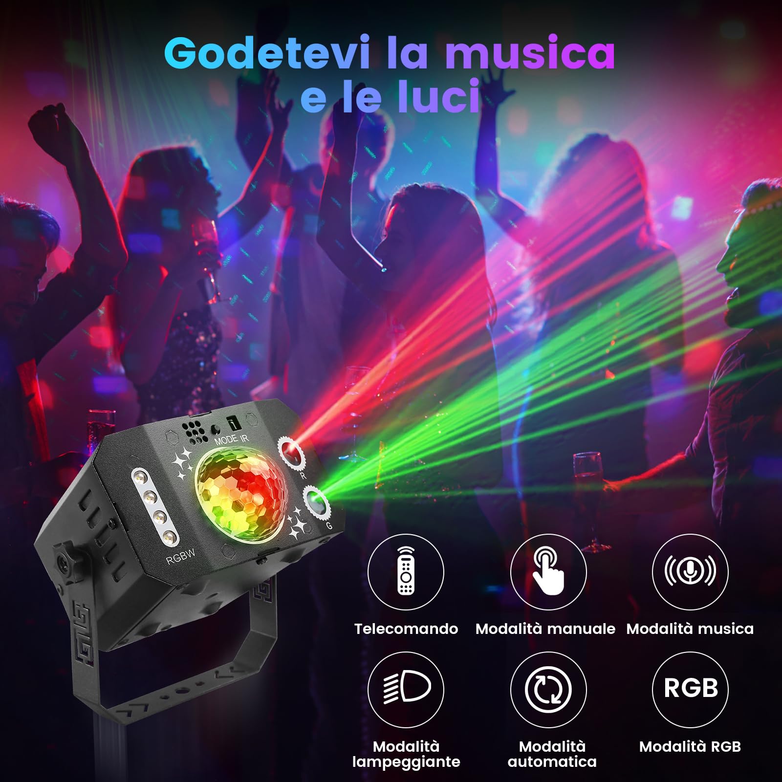 JONRRYIN Luci Discoteca, 3 IN 1 Strobo Discoteca, Luci da Discoteca con Controllo Musicale, Laser Discoteca con Mando a Distancia y 128 Patrones per Feste, Compleanno, Pub