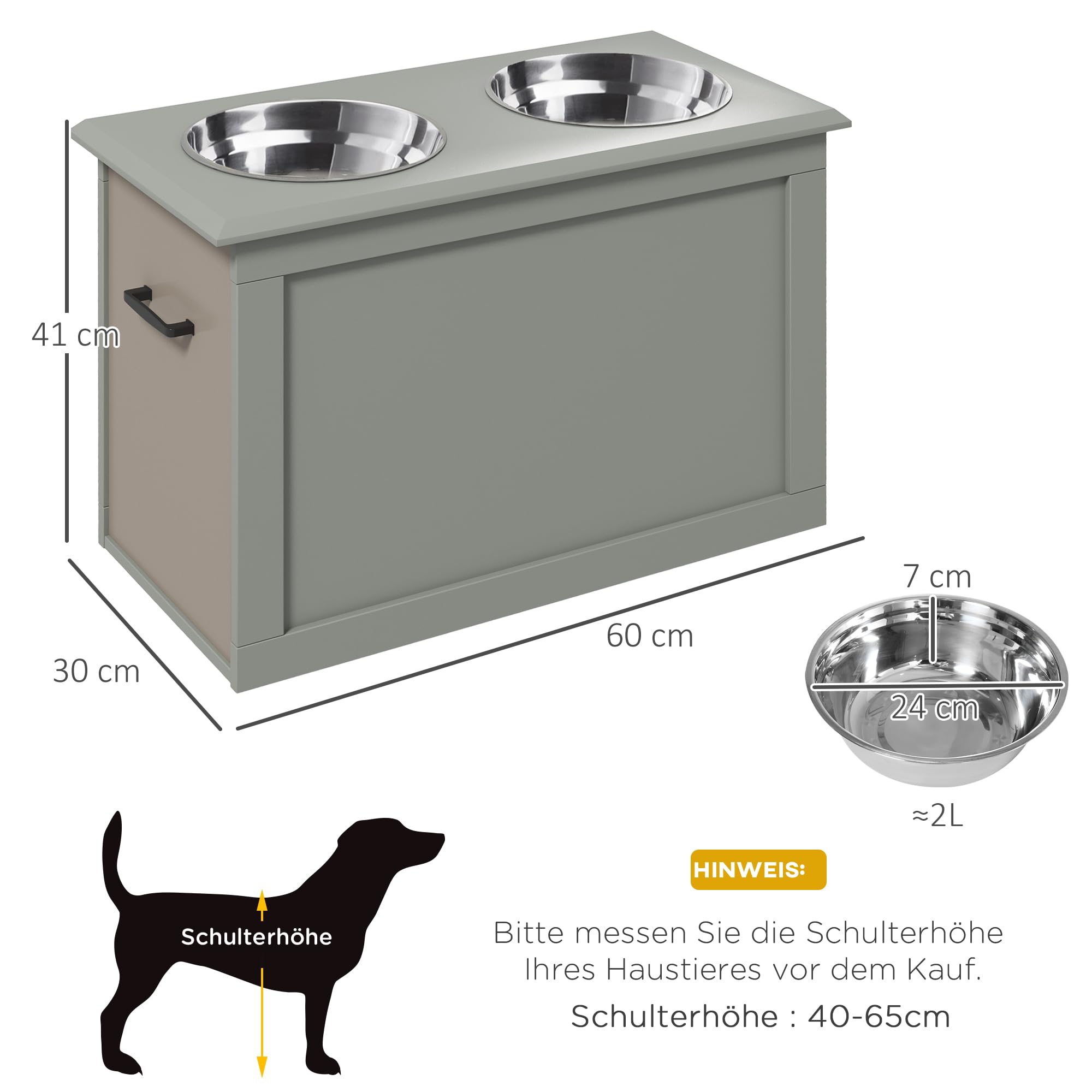 PawHut Erhöhter Hundenapf Futternapf mit Staumraum Wassernapf 2 x 2000ml Edelstahlnäpfen Hundenäpfe Fressnapf Futterstation für Hunde Katzen Grau