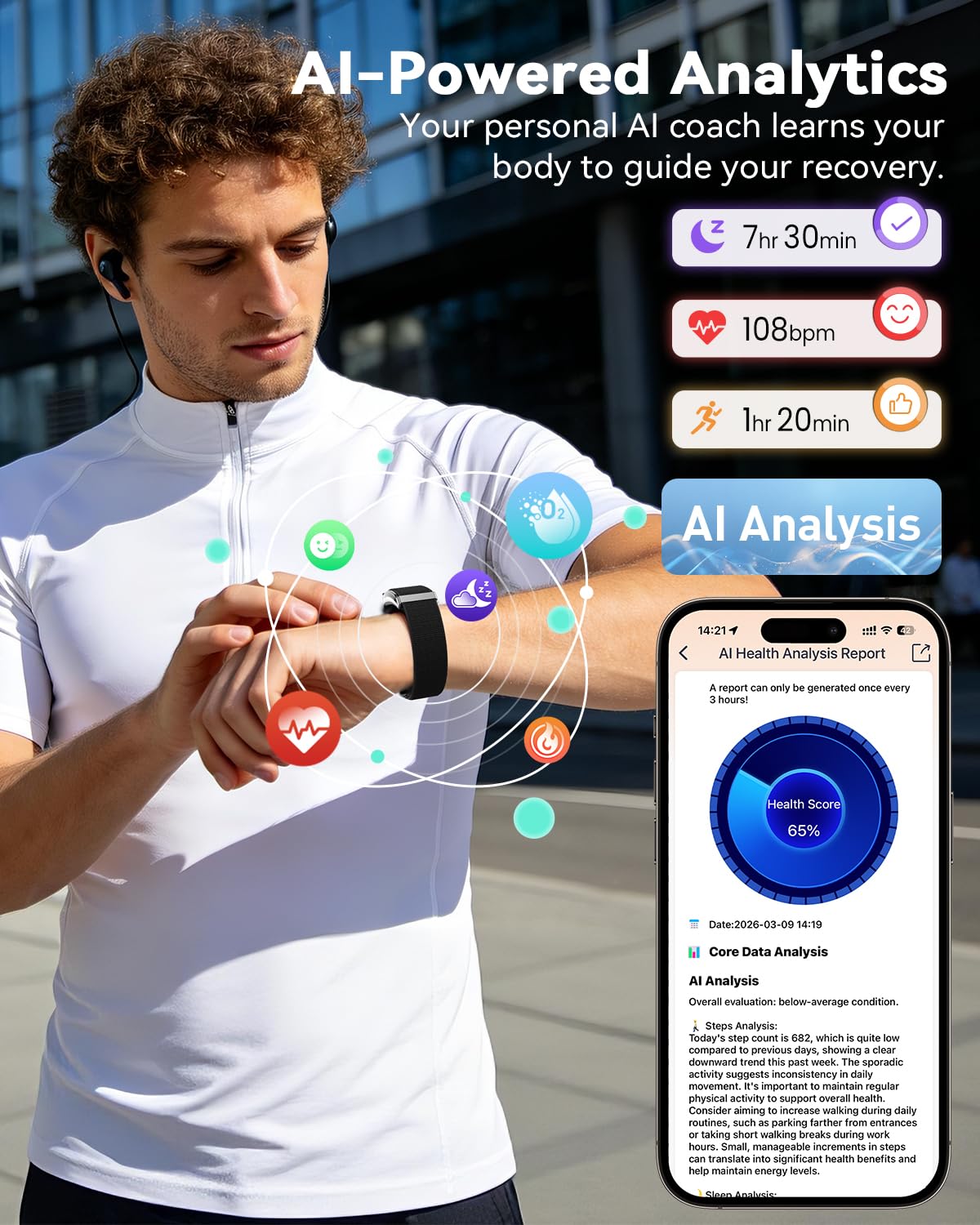 Fitness Tracker ohne Display Smart Band, 24/7 Aktivitäts Schlaftracker mit Herzfrequenz Menstruationszyklus SpO2, Schrittzähler mit 35 Tage Akku, 120+ Sportmodi, KI-Analyse, IP68 Wasserdicht, Kein ABO - 4