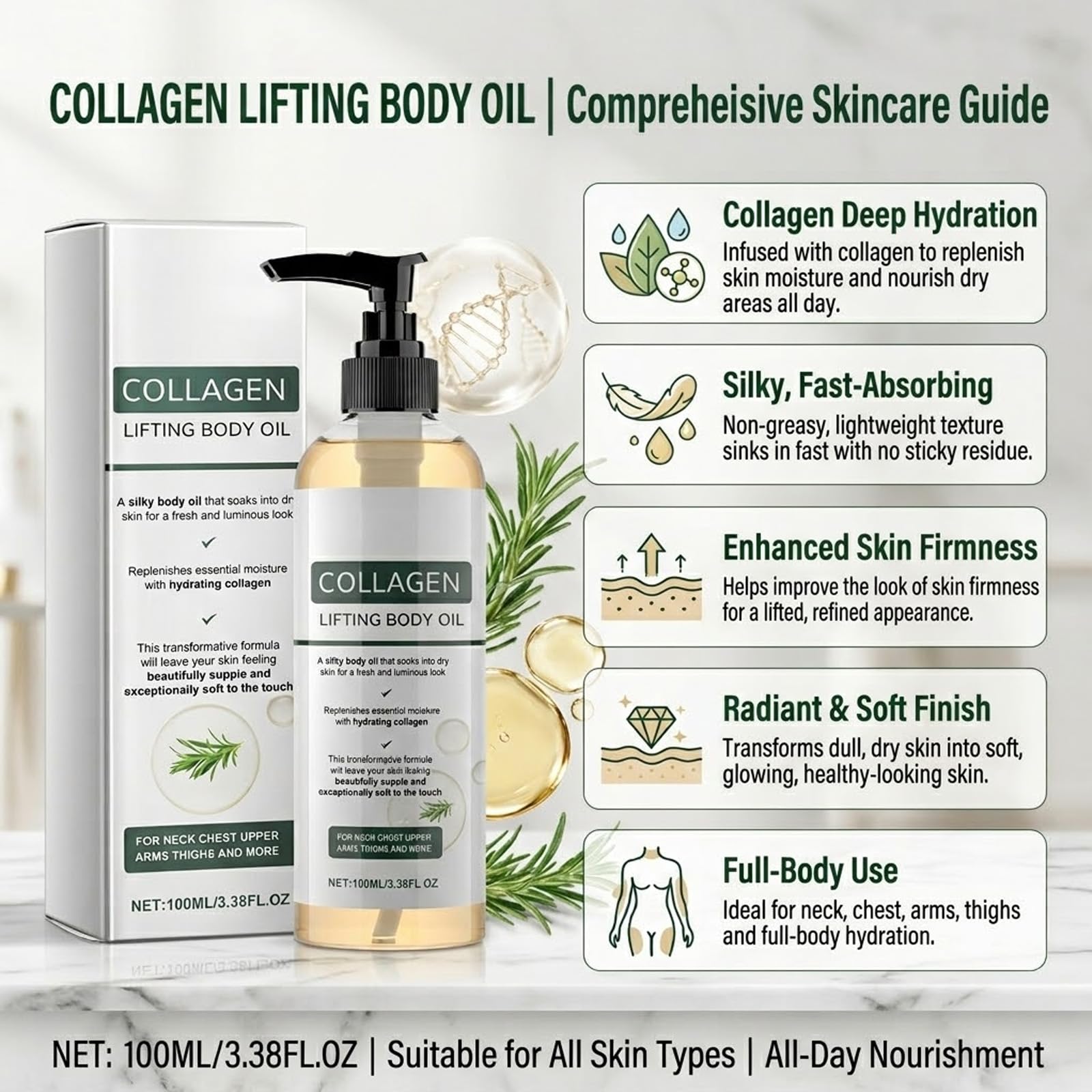 Aceite de colágeno para reafirmar la piel, colágeno lifting Body Oil After Shower, aceites hidratantes reafirmantes, aceites corporales hidratantes antiedad para piel seca, líneas finas (2 unidades)