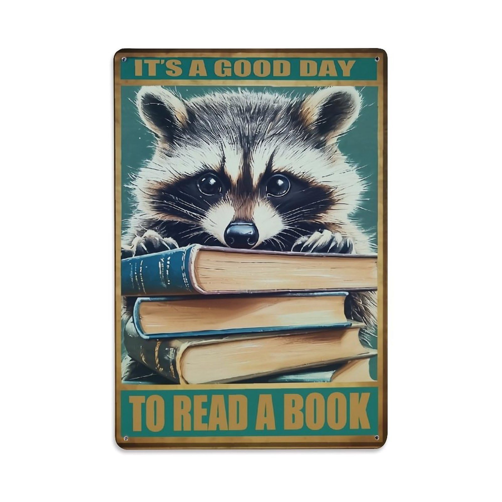 Jdfenggu Vintage Raccoon Reading Books Stack Day Retro Metal Tin Sign, Decor Art Poster For Bar, Home, Man Cave, Kitchen, Laundry Room Gift 8X12inch