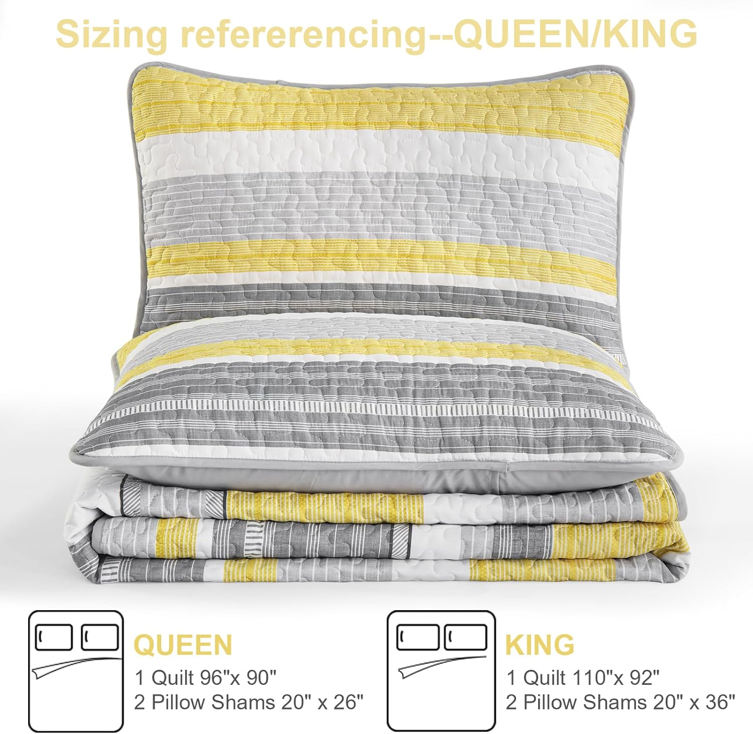 Quilt Set Queen Size, 3 Piece Fall Patchwork Striped Bedding Set, Summer Lightweight Soft Microfiber Bedspreads Coverlets Set with 2 Pillow Shams,Yellow and Grey and White Queen Quilts for All Season - Image 7