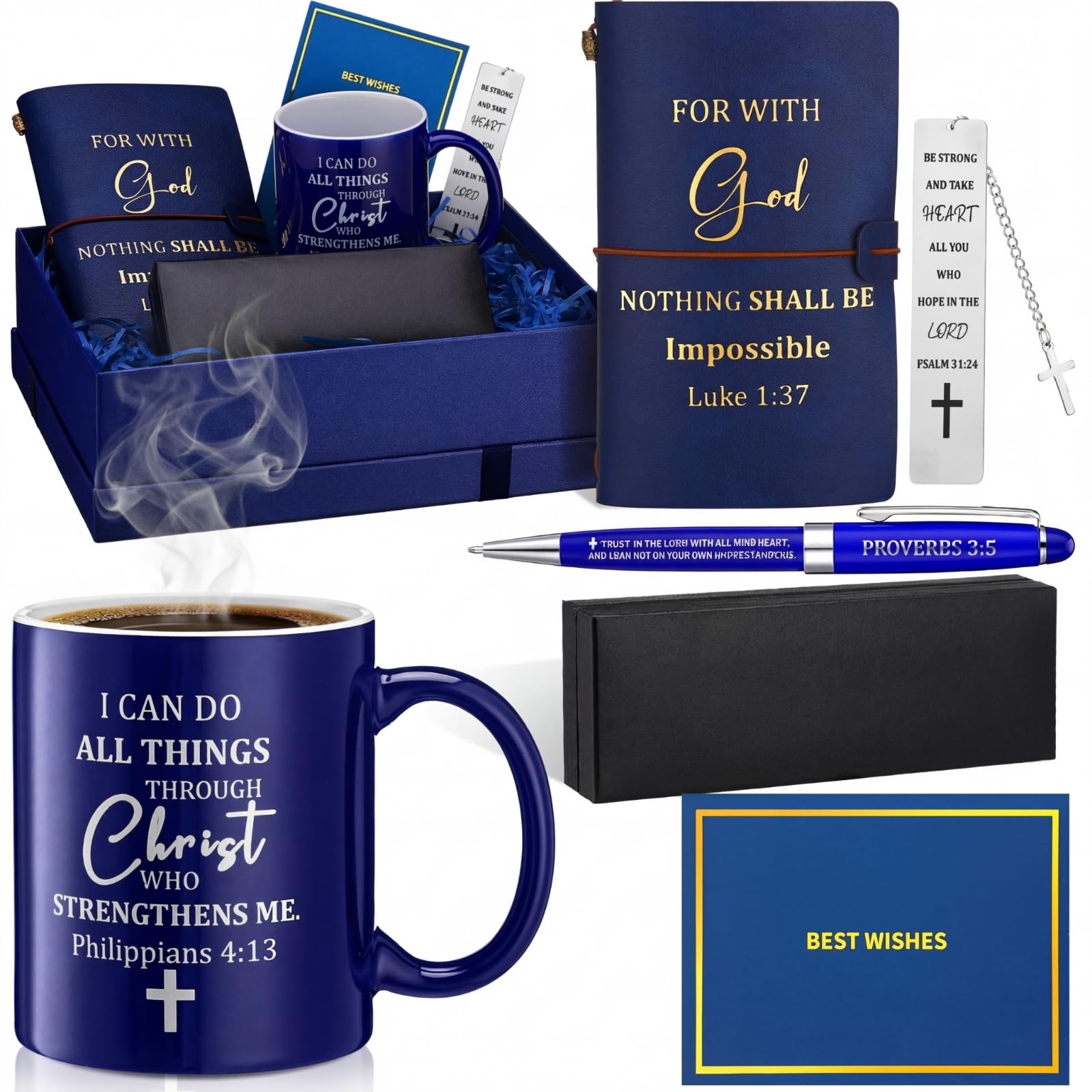 Shellwei 6 Pcs Christian Gift Set Mug Notebook Pen Blue Scripture
