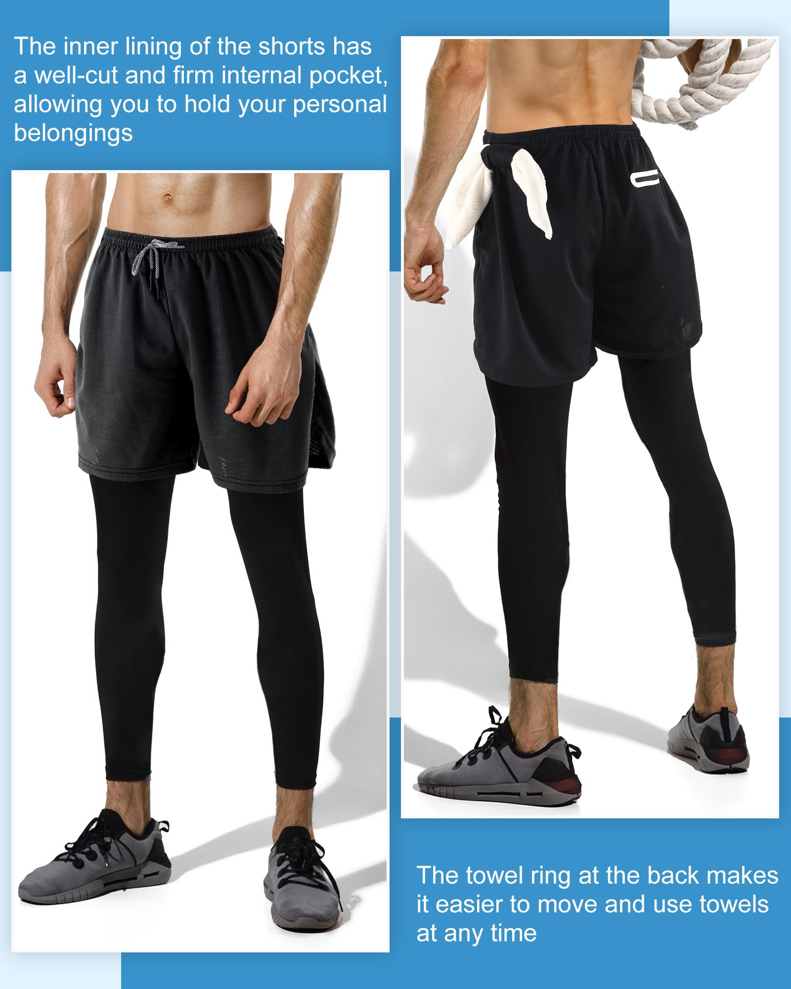 Cutecrop 3 Stück Herren 2-in-1 athletische Laufhose, schnelltrocknend, Workout-Kompressionshose mit Taschen, Handtuchschlaufe