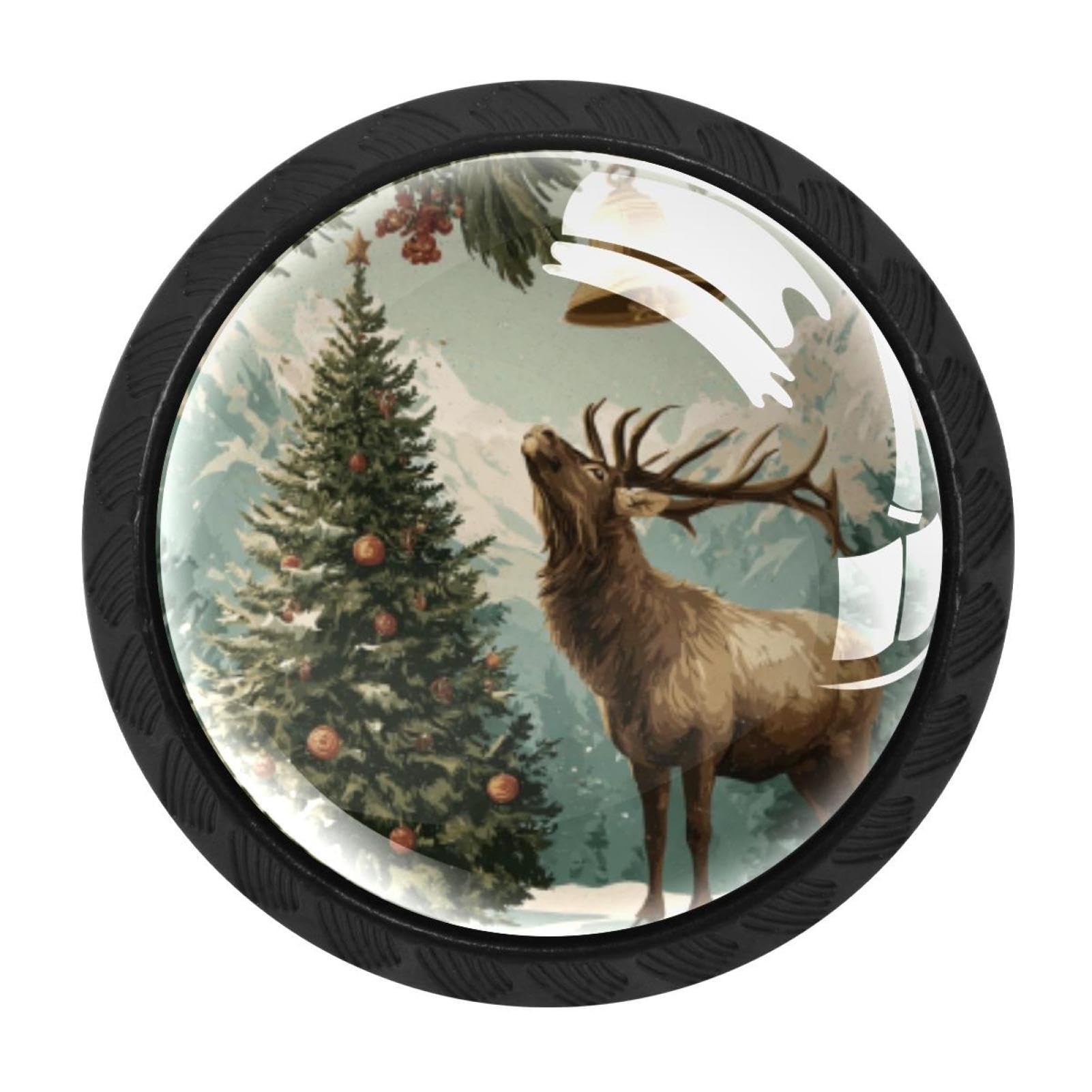 CHENZZZZ 4 Pack Christmas Tree Elk Bell Background (1) Drawer Knobs Cabinet Knobs Crystal Glass Knobs Pulls Handles for Kitchen Cabinet Hardware Cupboard Door Dresser Wardrobe Home Decor