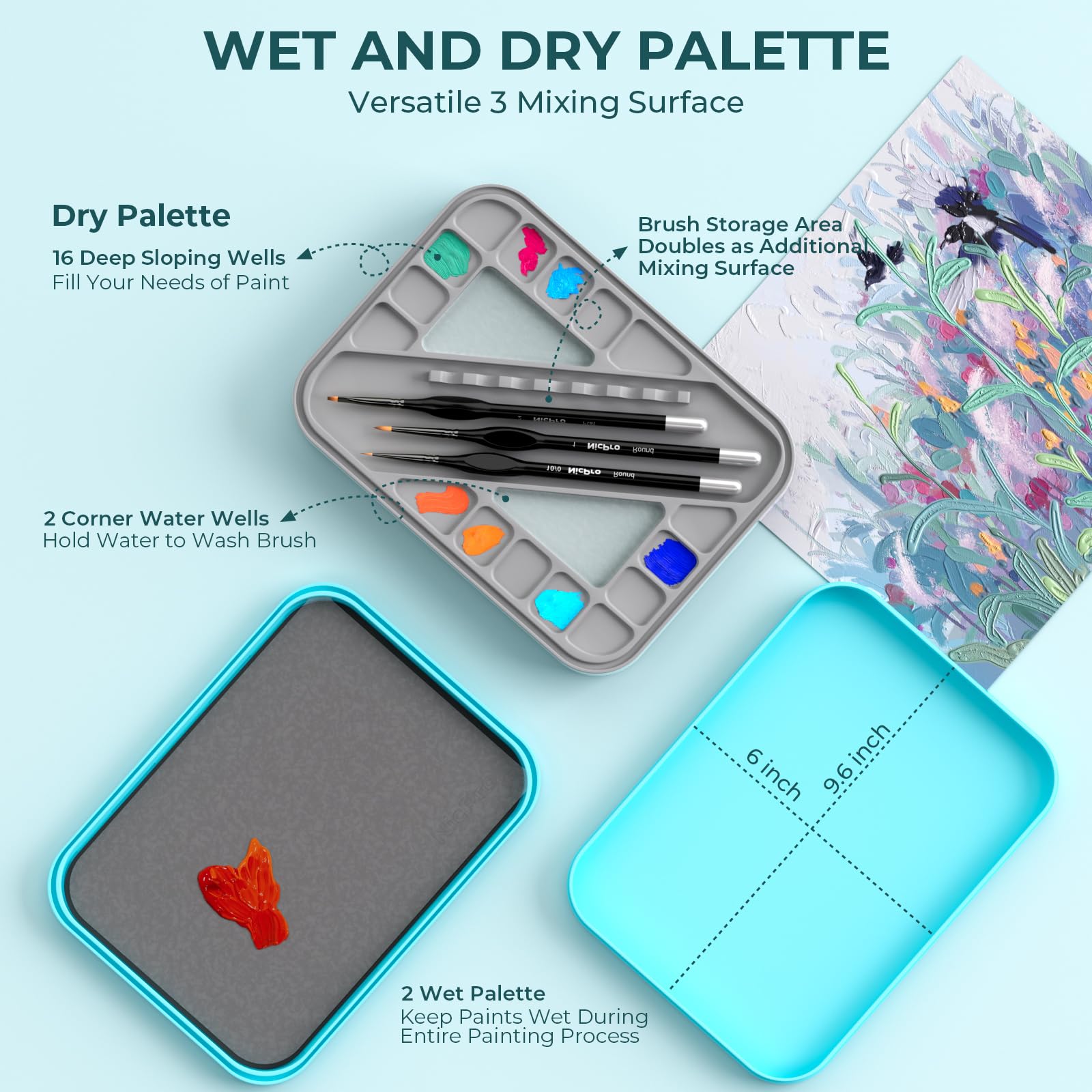 Nicpro Kit de peinture miniature avec palette humide, 11 pinceaux de détail, 100 feuilles de papier humide, 4 éponges, porte-pinceaux, palette d'économie de peinture pour maquette