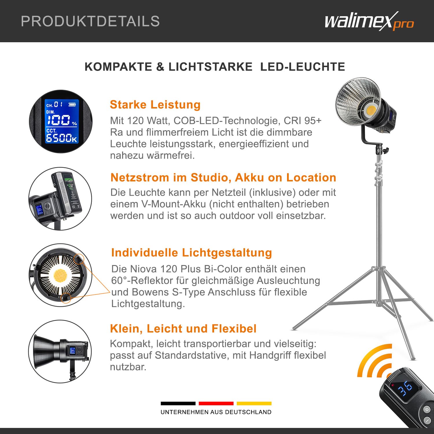 Walimex pro Niova 120 W Compact Bi Color ściemniana lampa wideo LED z reflektorem Bowens I światło studyjne z technologią COB LED I 3000-6500 K, CRI=95+ I natężenie światła regulowane w zakresie