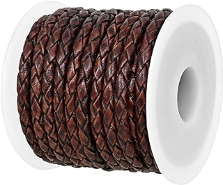 GENIQUE Real/Genuine Round Braided Leather Cord String Rope Folded, Leather Rope for Crafts, Jewelry Making, Necklace, Bracelets (5 Metres) (3mm, Antique Brown Distressed)