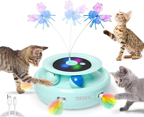 ORSDA Juguete para gatos, 3 en 1, pluma de emboscada electrónica interactiva automática, mariposa aleteante, bolas de pista, recargable por USB,