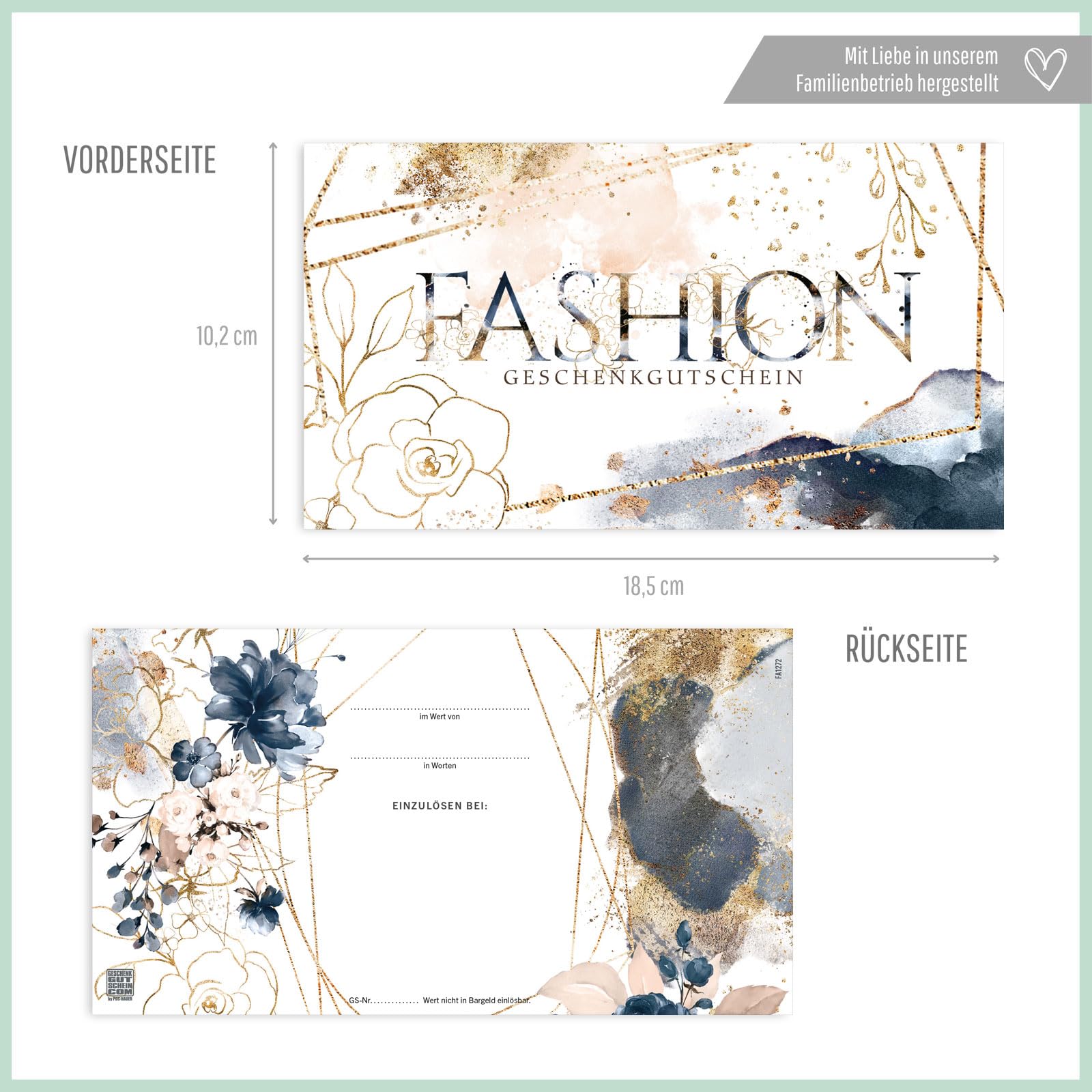 Gutschein-Set. 50x Gutschein + Kuvert + Schleife. Für Boutiquen Textilwaren Fashion Schneiderei, blanko zum selber Ausfüllen.