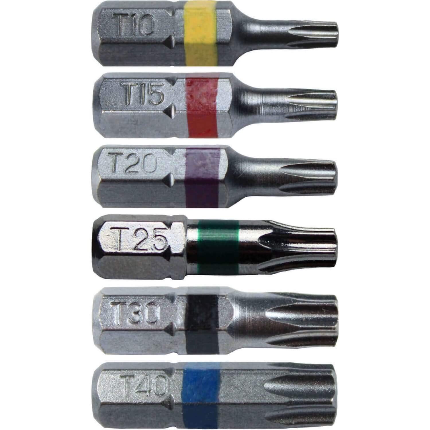 Torx/Star Drive 6 Piece Bit Set 1" (Color Coded) Includes T-10, T-15, T-20, T-25, T-30, T-40 Torx/Star Screw Driver Bits