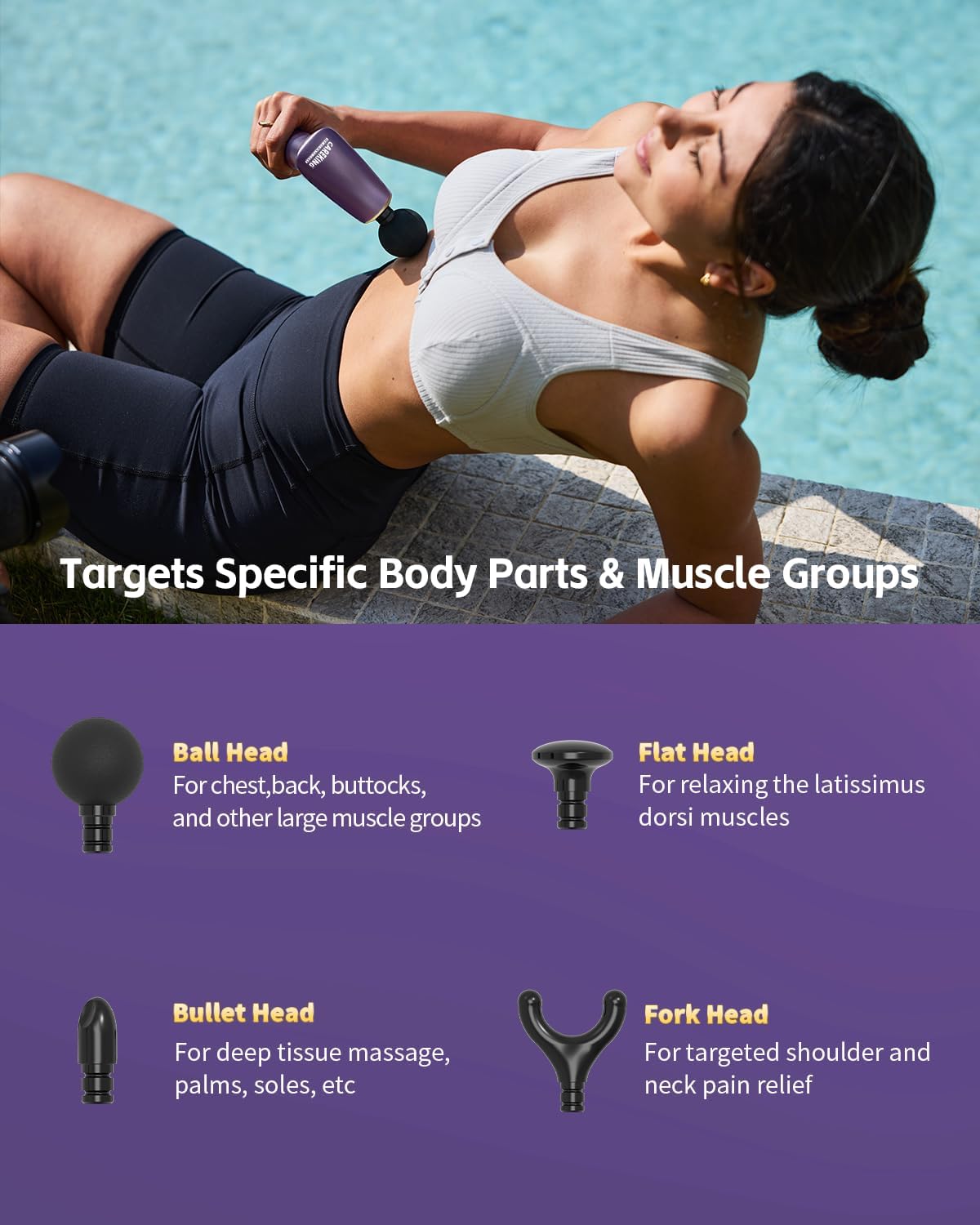 2-in-1 Detachable Muscle Massage Gun Deep Tissue with 20'' Extension Handle, Back and Neck Massager for Pain Relief, Handheld Massager for Shoulder Lower Back Leg Waist, Purple - Image 7