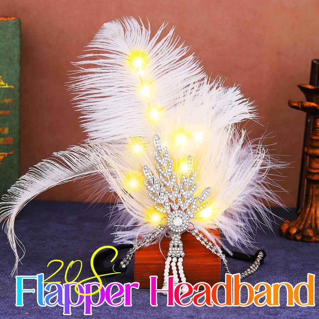 GORTIN Flapper Headband Light up 1920s Feather Headpiece Rhinestones Roaring 20s Hair Accessories for Women (Silver-White, Free size) Silver-white Free size