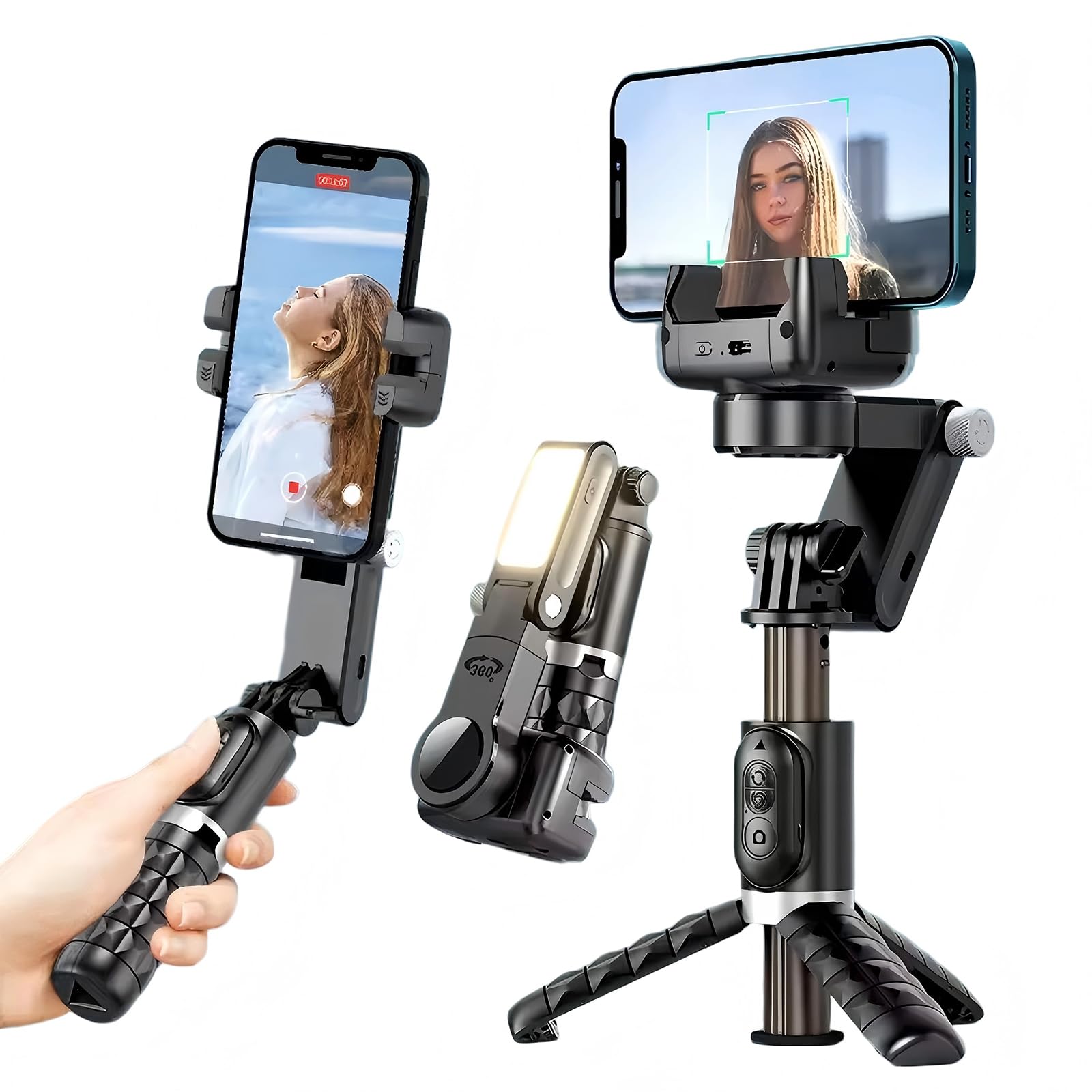 Gimbal Stabilizer for Smartphone,2-Axis Auto Face Tracking Selfie Stick with Tripod with LED light,360°Rotation with Remote for Android and iPhone,Ideal for Vlogging,YouTube,TikTok Video