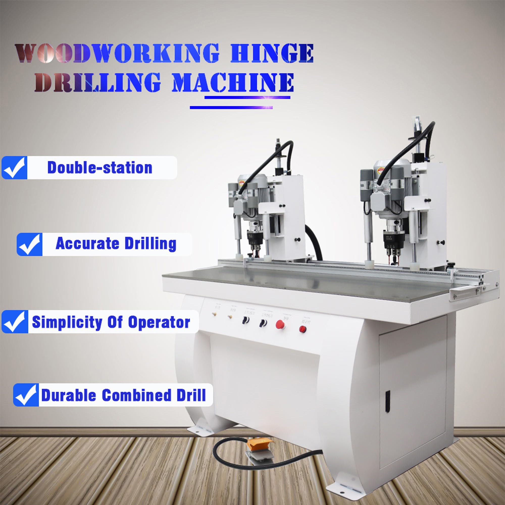 HQHAOTWU Pneumatic Hinge Boring Drill Press - Double Station Woodworking Hinge Drilling Insertion Machine - Adjustable Punching Depth