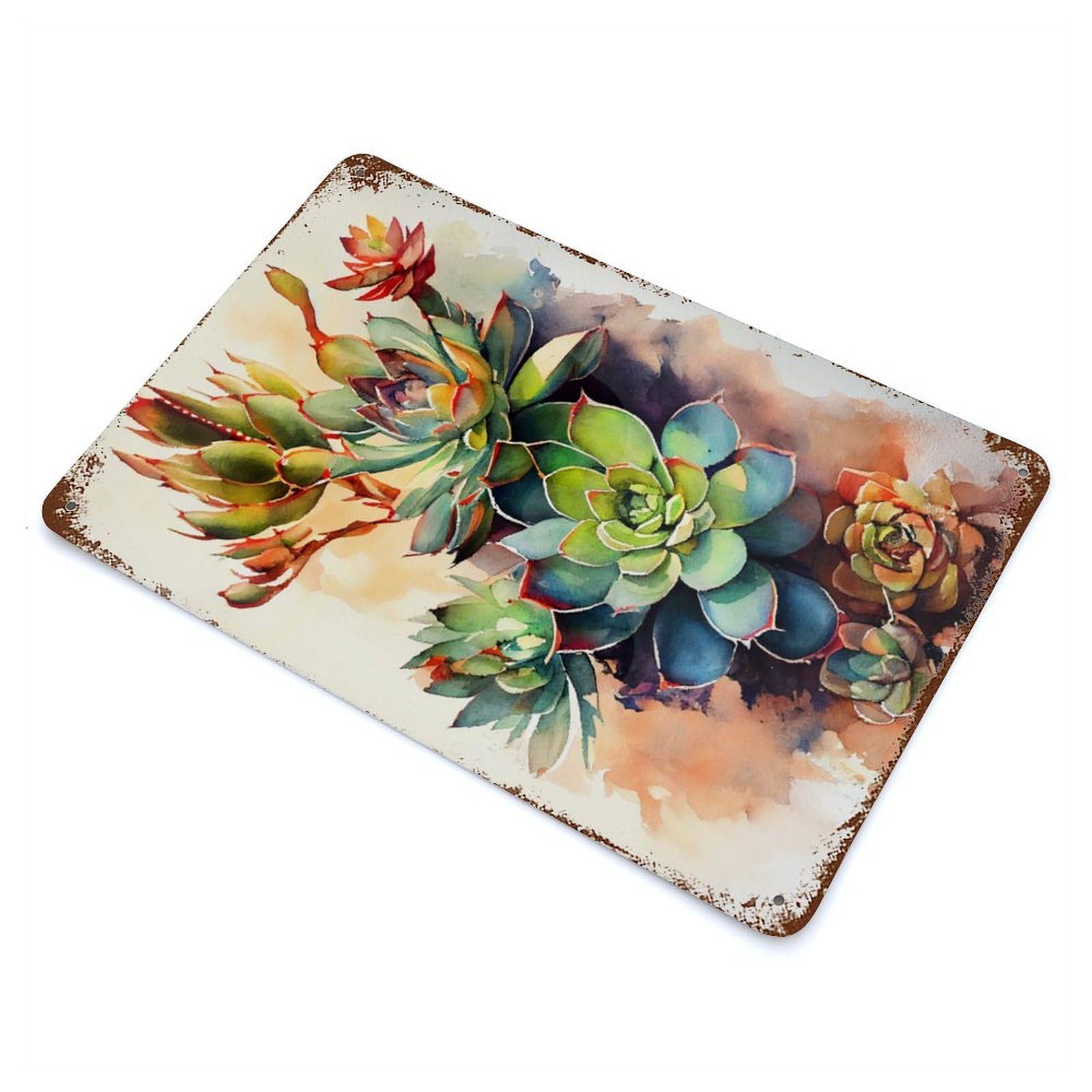 Succulents Watercolor Art Rustic Tin Plaque 11.8"x7.9", Farmhouse Wall Decor for Shed, Workshop And Garage Wall Decor