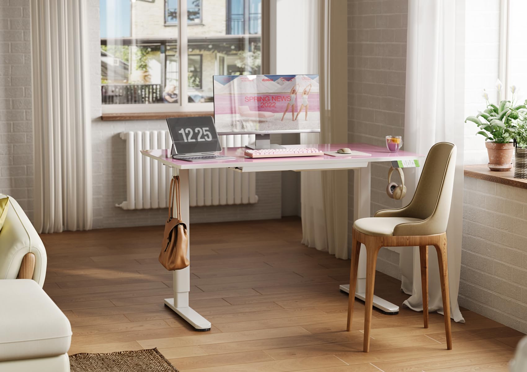 INNOVAR Glass Standing Desk with Drawers, Adjustable Height Stand Up Desk, Electric Standing Desks with Storage, 48 inch, Morandi Powder