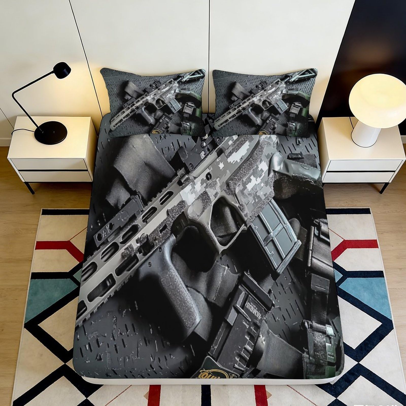 3D Printed Tactical Rifle Fitted Sheet Microfiber Durable Camouflage Gun Bed Cover for Bedroom Dormitory Guest Room Mattress Protection 120x200x25cm