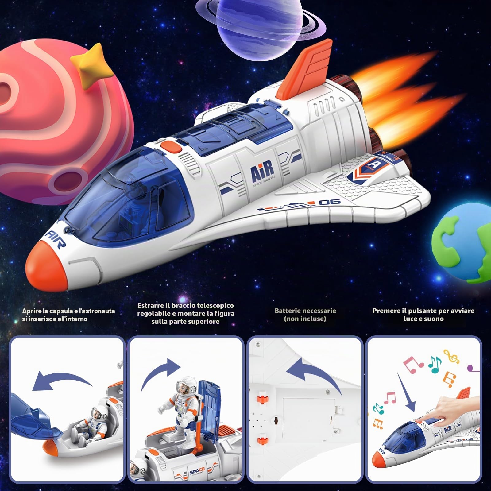 deAO Razzo e Navetta Spaziale per Bambini 3+, Giocattolo Educativo STEM con Astronauti, Rover, Stazione Spaziale e Tappetino Sistema Solare