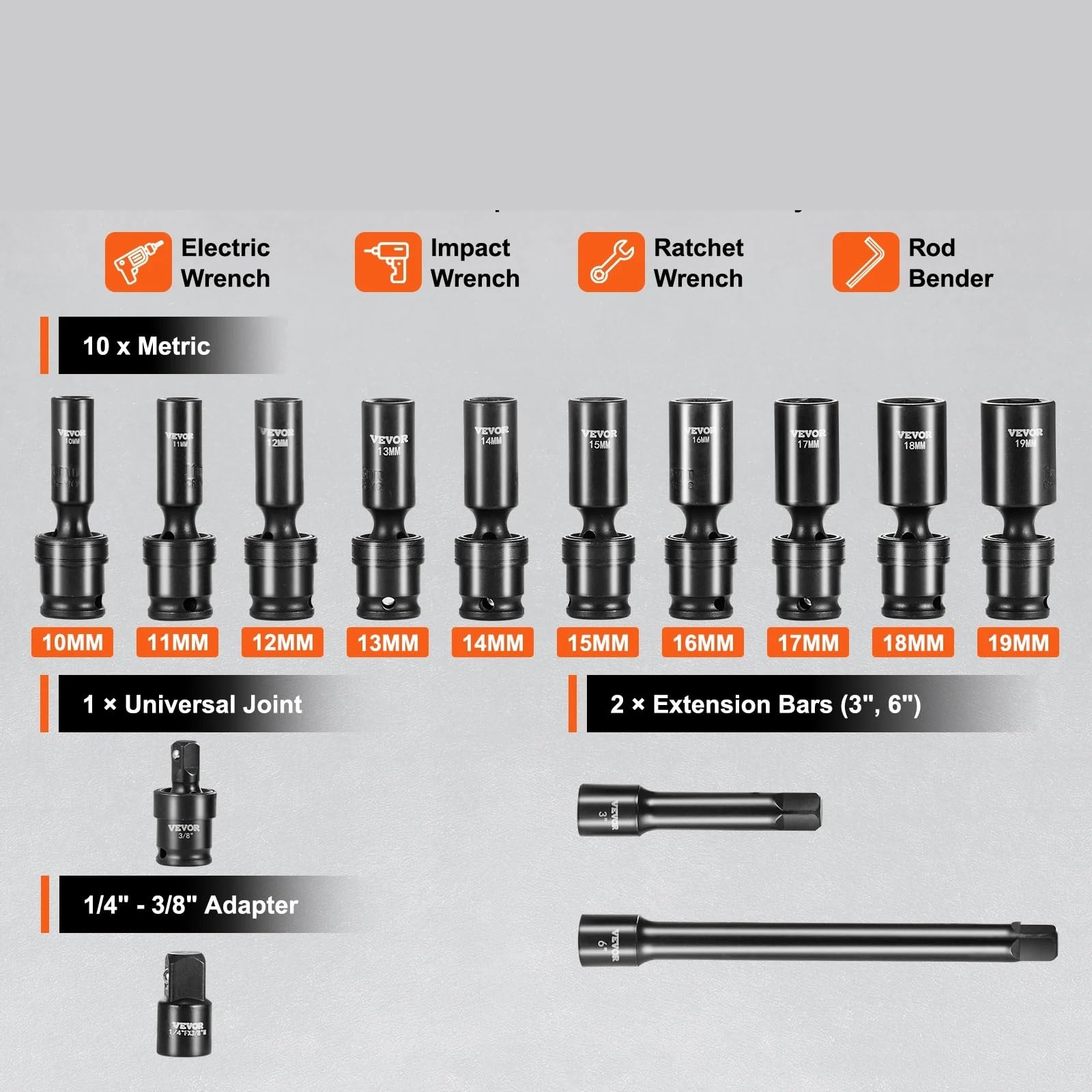Zestaw nasadek udarowych obrotowych 360 stopni 3/8 "głębokie uniwersalne metryczne 10-19mm 6-punktowa stal Zestaw przedłużek