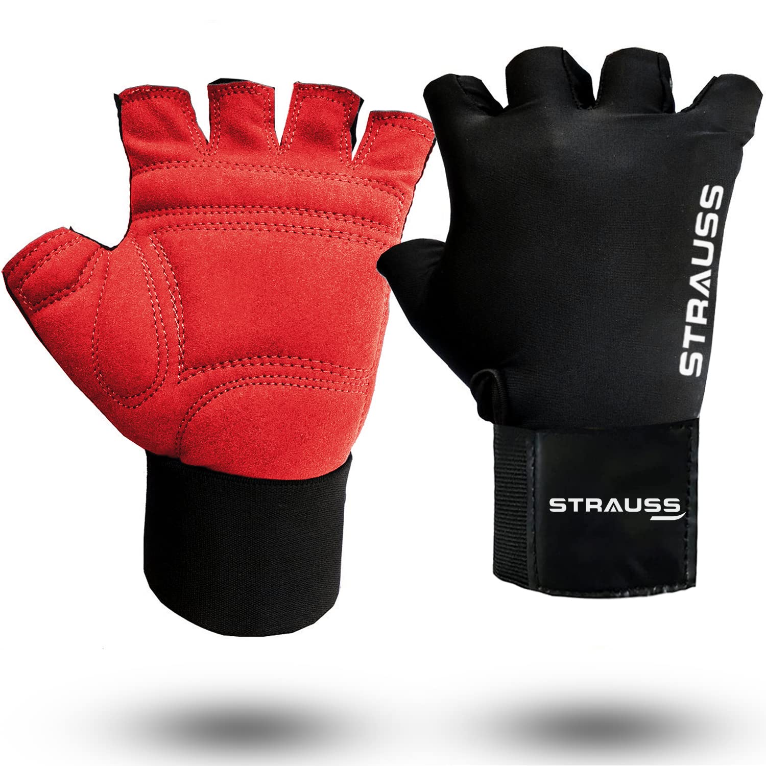 Strauss Suede Gym Gloves for Weightlifting, Training, Cycling, Exercise & Gym | Half Finger Design, 8mm Foam Cushioning, Anti-Slip & Breathable Material, (Red/Black), (Medium)