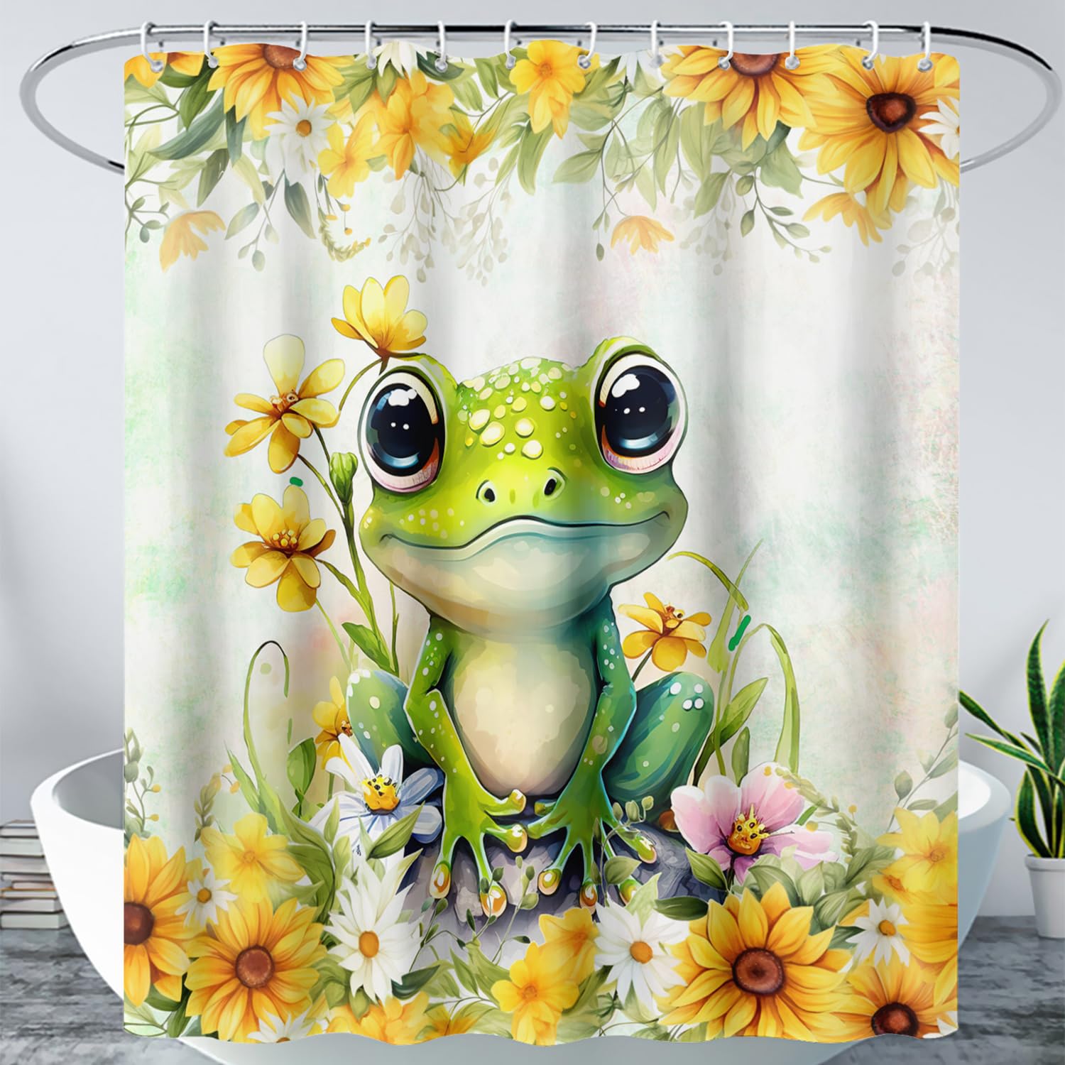 AILONEN Green Frog Shower Curtain,Cute Cartoon Frog Waterproof Fabric Shower Curtain for Bathroom,Beautiful Sunflower Kawaii Tree Frog Shower Curtain Set with Hooks for Kids Boys Girls,72