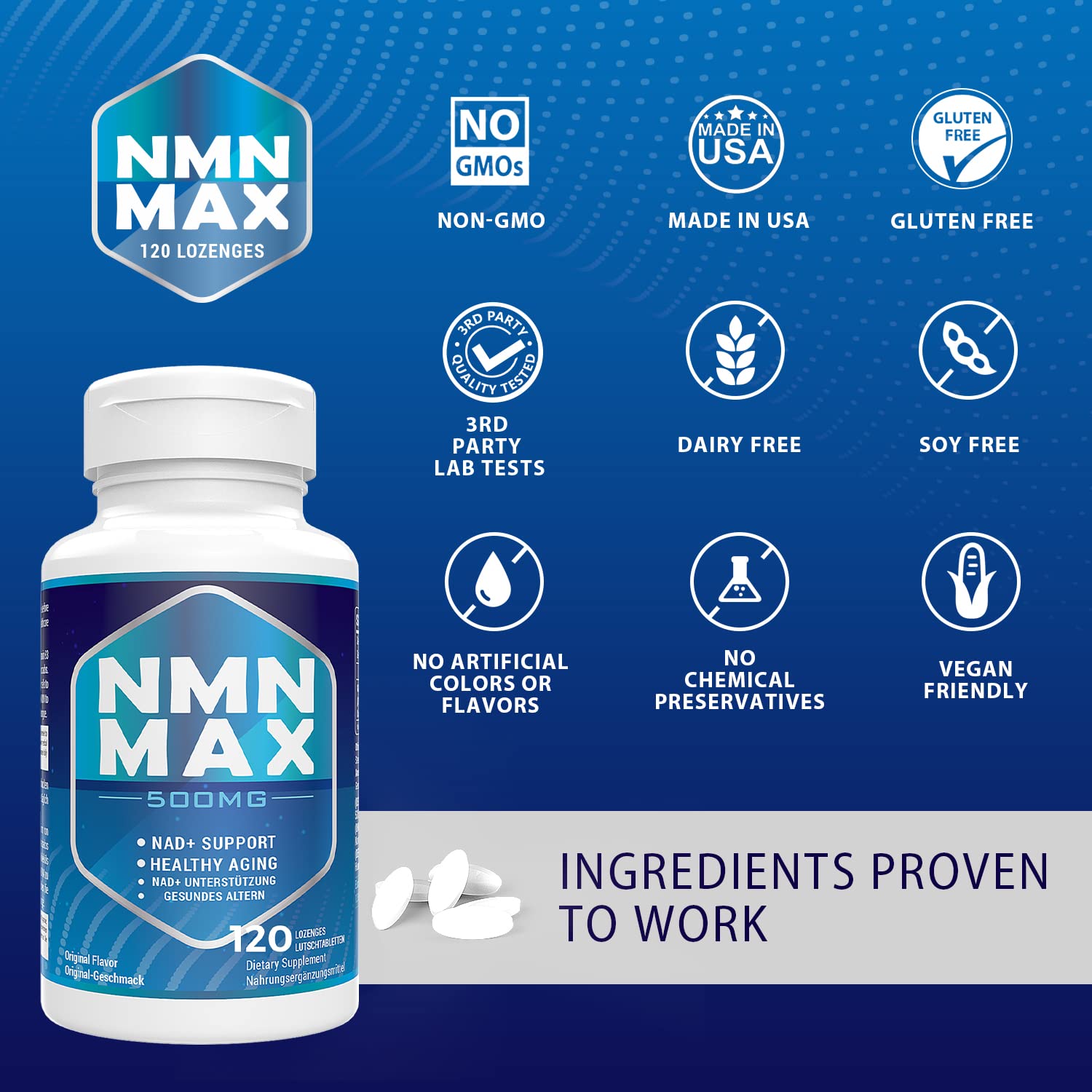 NMN 500mg Sublingual, FastActing Max Absorption NMN Nicotinamide Mononucleotide Lozenges from