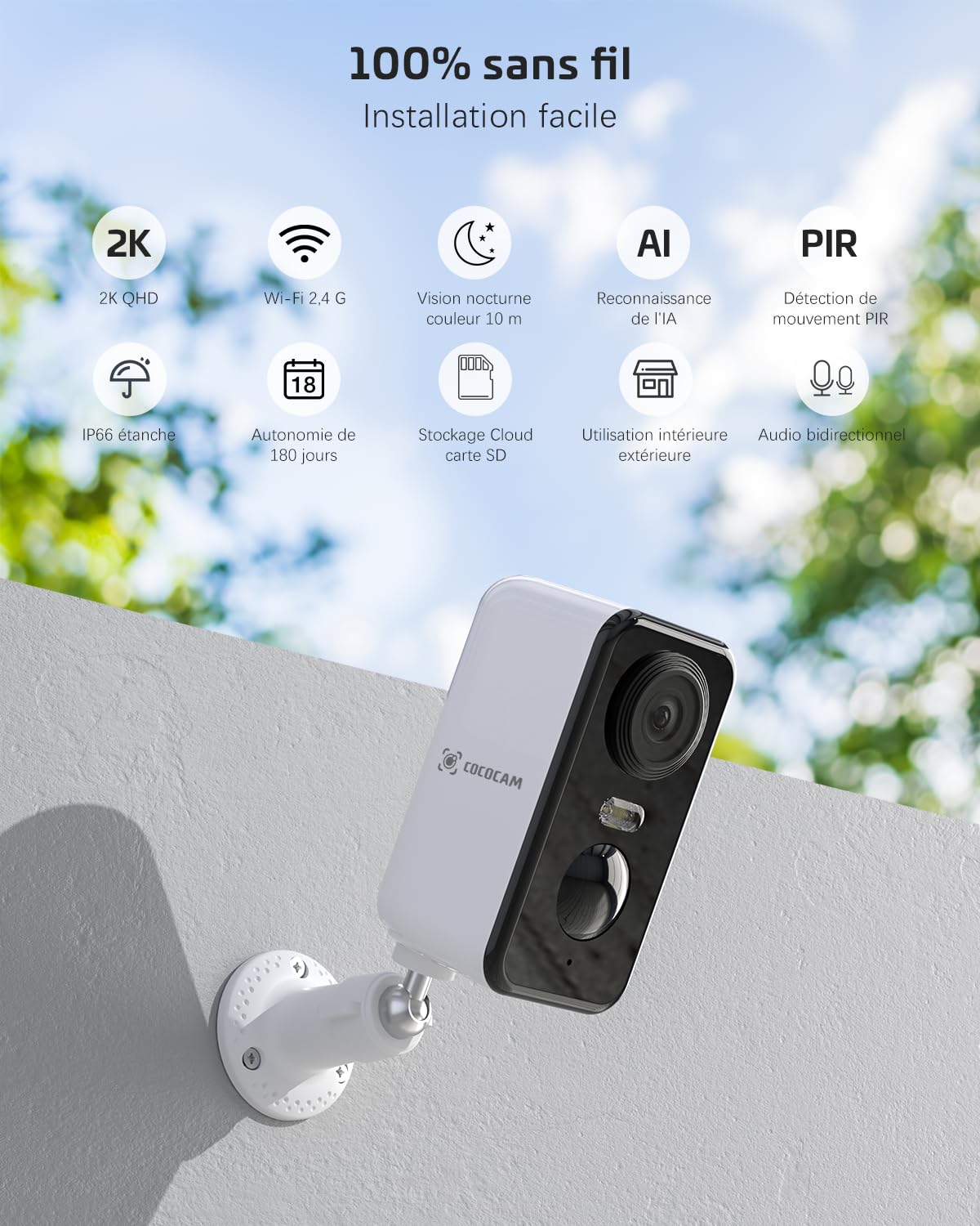 COCOCAM 2K Camera Surveillance WiFi Exterieure sans Fil Batterie