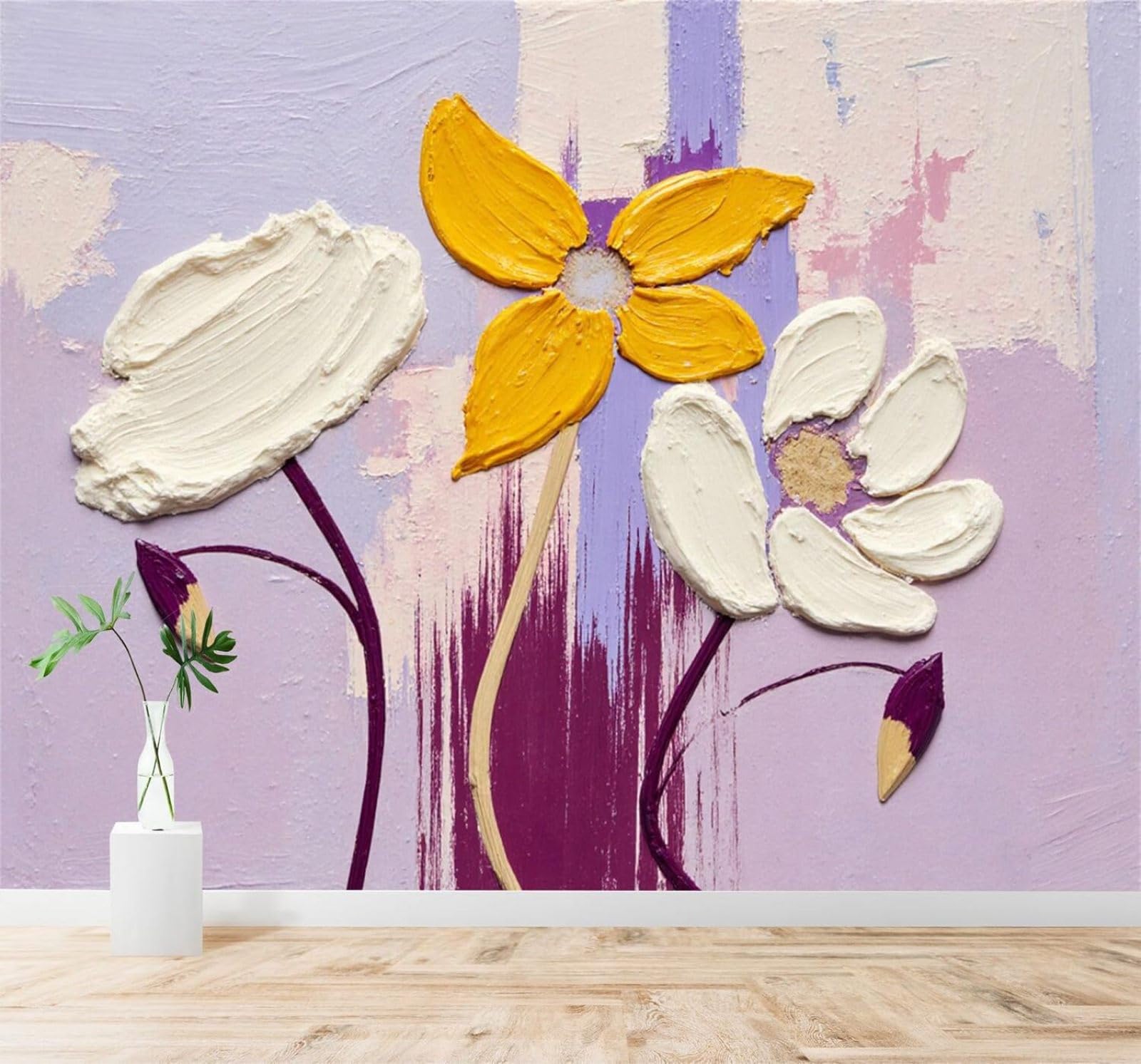 XLMING Yellow White Flowers Abstract Purple 3D Wallpaper Silky Texture Home Study Office Grey Dining Room Sofa Bedroom Living Room TV Backdrop-430cm×300cm