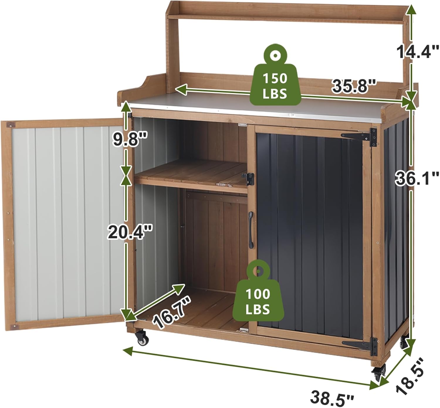 Outdoor Potting Bench with Storage, Potting Table with Metal Top, Garden Workstation Cabinet with Shelf, Rolling Outdoor Work Table for Backyard Patio Gardening