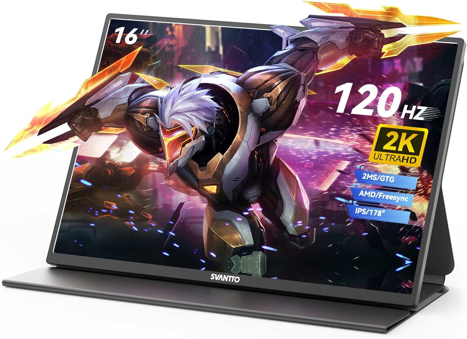 SVANTTO 16โ 2K Portable Gaming Monitor, 120Hz 2ms Professional Esports Portable Monitor for Laptop with FreeSync, Plug and Play, w/Smart Cover & Speakers, Lightweight Travel Monitor