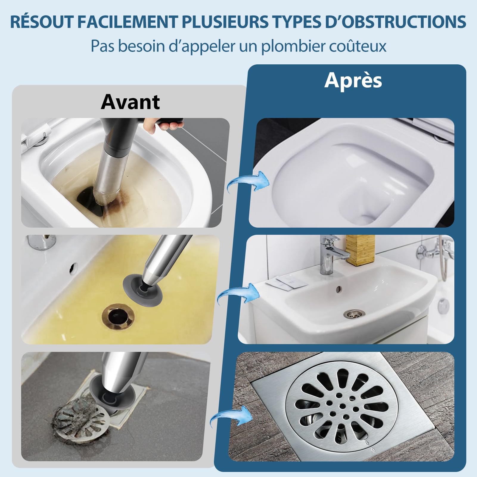 InShareplus - Desatascador de inodoro 5 en 1 de alta presión con barómetro – Desatascador de tuberías con 4 ventosas, guantes y ganchillo, para inodoro, lavabo, bañera, suelo – negro