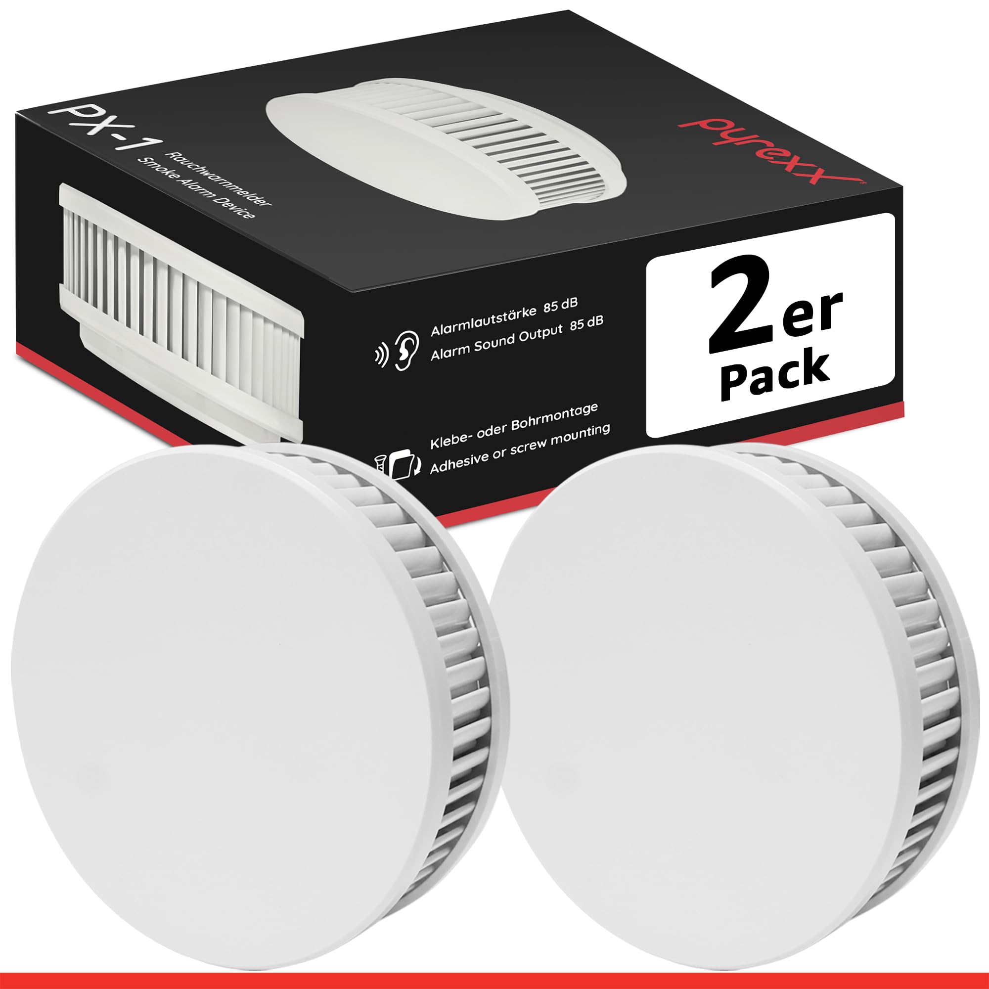 Pyrexx PX-1 Détecteur de fumée - 2 pièces - Pile de 10 Ans avec Support magnétique sans perçage et clignotement des LED, certifié Selon Q-Label, Blanc