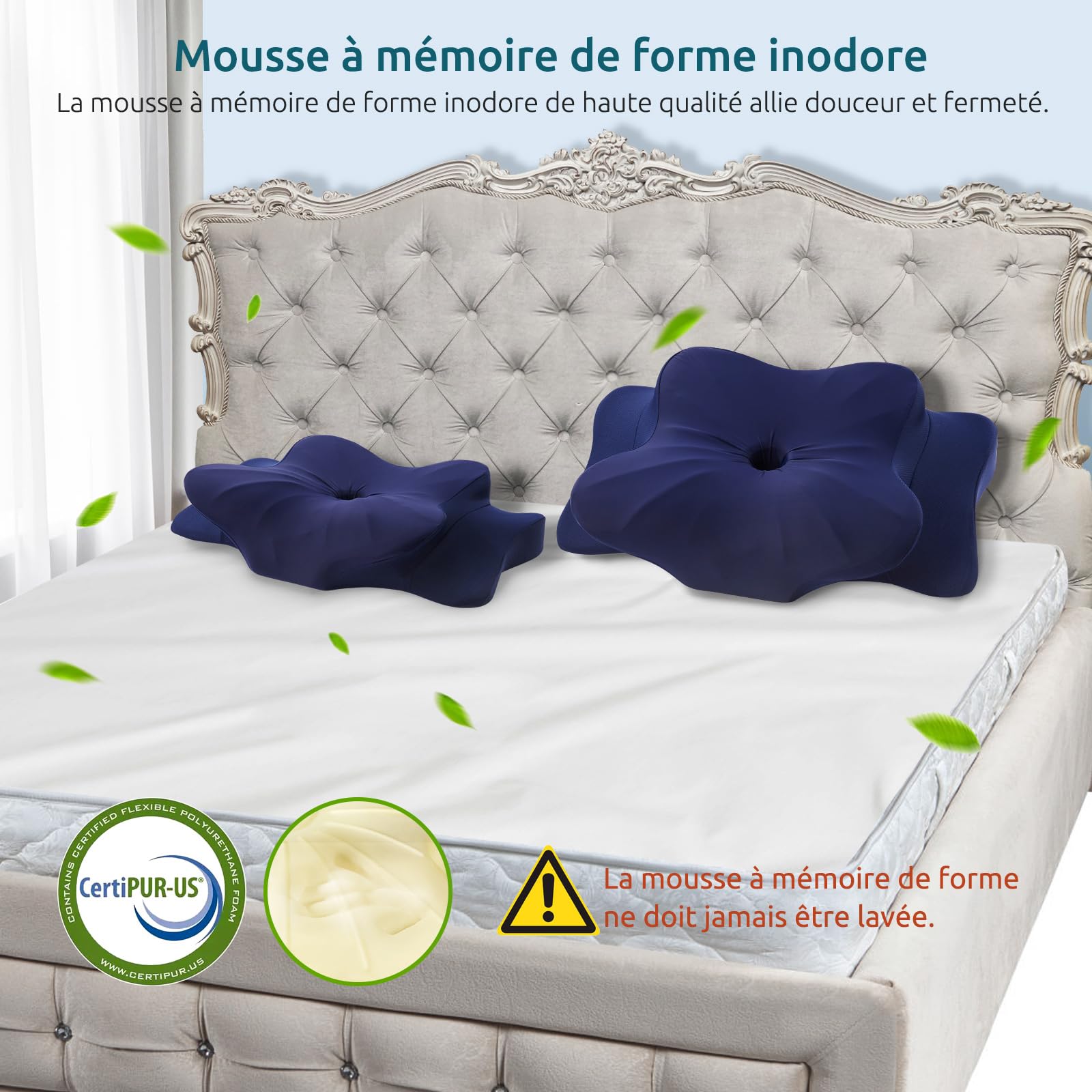 DONAMA Oreiller Ergonomique Cervical pour Les Dormeurs sur Le Côté, Le Dos Et Le Ventre, Oreiller Memoire Forme pour Le Cou et Les Épaules, avec Taie d'oreiller (Bleu Foncé, 63x38x14 cm)