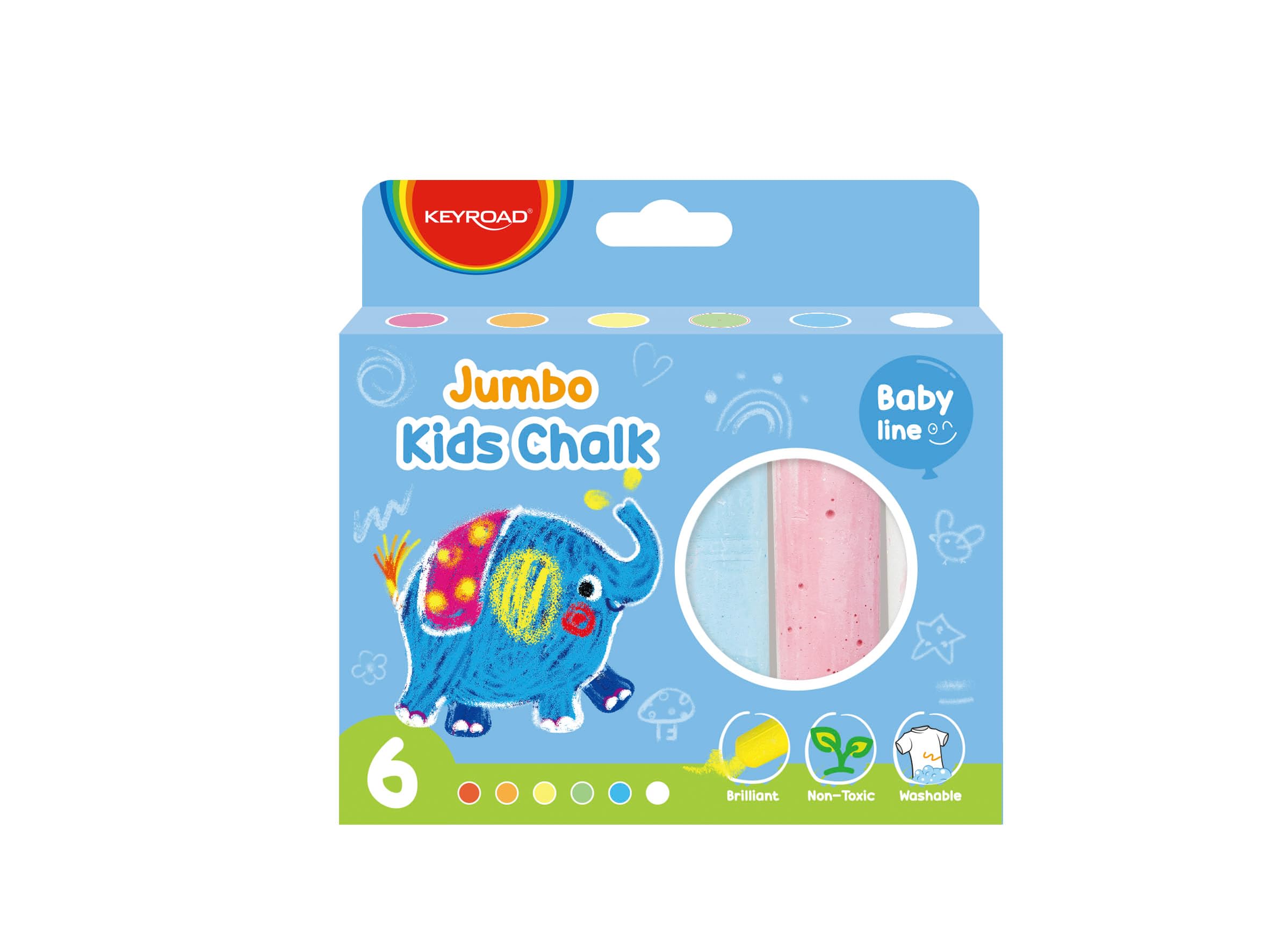 Jumbo Coloured Chalks for Kids – Box of 6 Colours – No Toxic – Washable Chalks – Ideal for Drawing on Slate – School Supplies – Keyroad