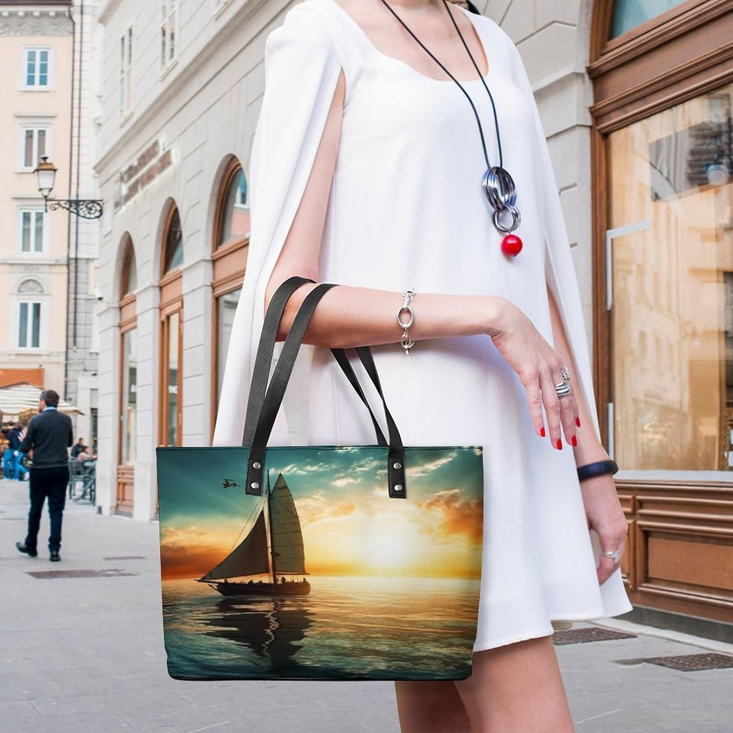Boat on The Ocean Tote Bag Large Soft Leather Purse with Zipper Lightweight Ladies Shoulder Handbag