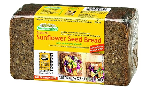Mestemacher Natural Sunflower Seed Bread, 17.6 oz, German Whole Grain Bread with Sunflower Seeds,High Fiber, Non-GMO, Ready to Eat, Long Shelf Life (Pack of 6)