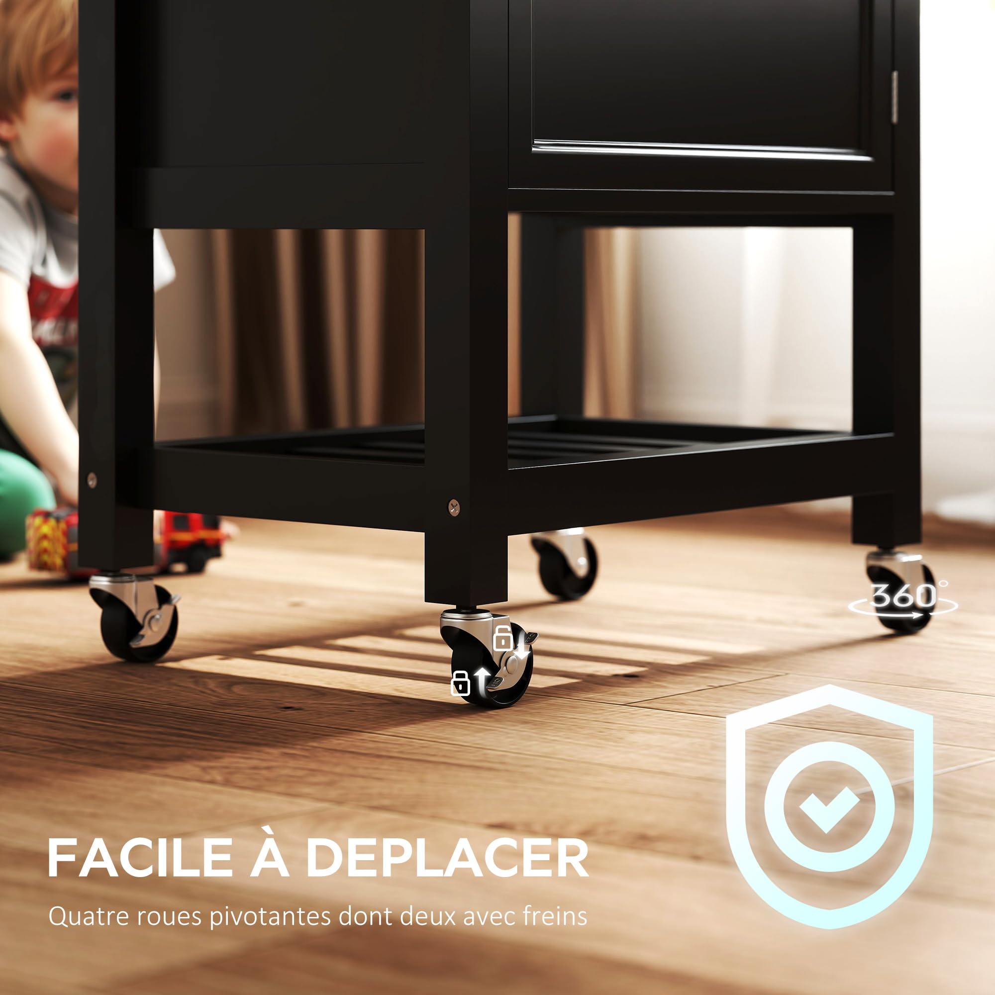 HOMCOM Carro de cocina con ruedas, carro para servir, encimera de madera de caucho, cajón, armario y toallero, carro de cocina y comedor, 63,5 x 40 x 90 cm, negro
