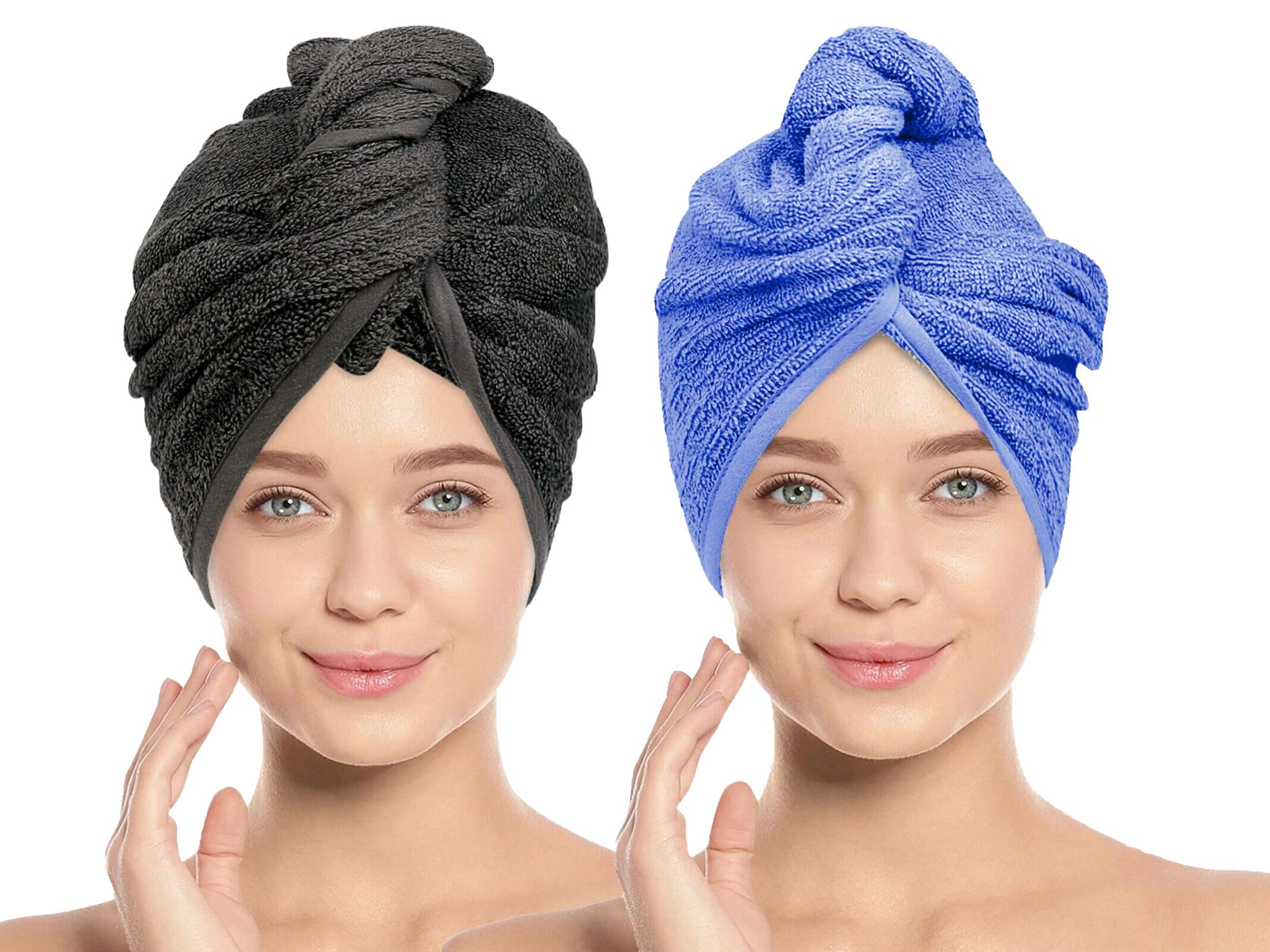 VYAKOM EXPORTS Black and Sky Blue Hair Towel Wrap Quick Dry 100% Cotton Super Absorbent Turban Head Wrap for Women with Button, Anti Frizz Hair Products, Hair Cap for Curly, Long & Thick Hair