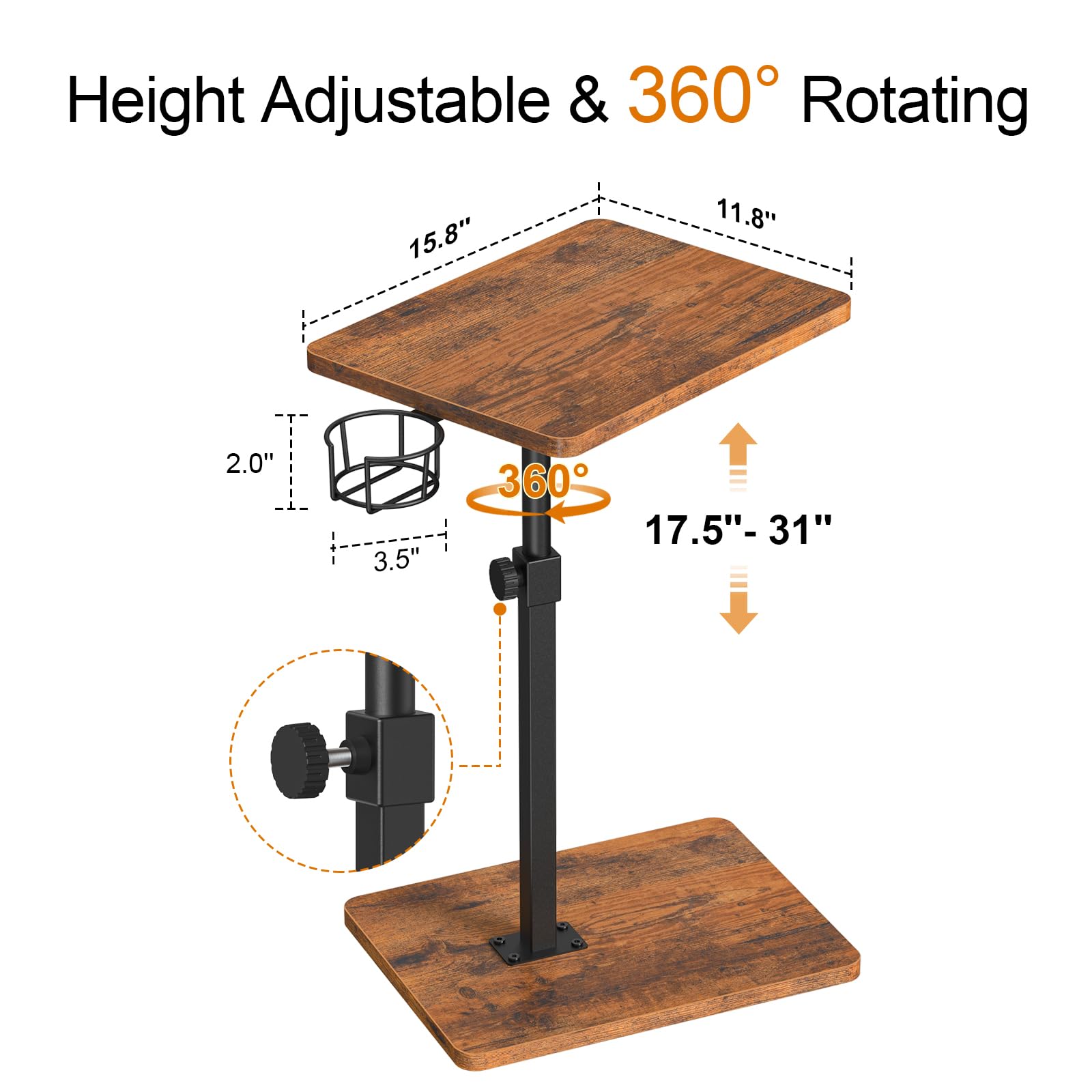 Giikin TV-Tablett, 360° drehbar, höhenverstellbar, TV-Tabletts zum Essen auf der Couch, Sofa-Armlehne, Beistelltisch für kleine Räume, Sofa, Bett, Abendessen, rustikales Braun