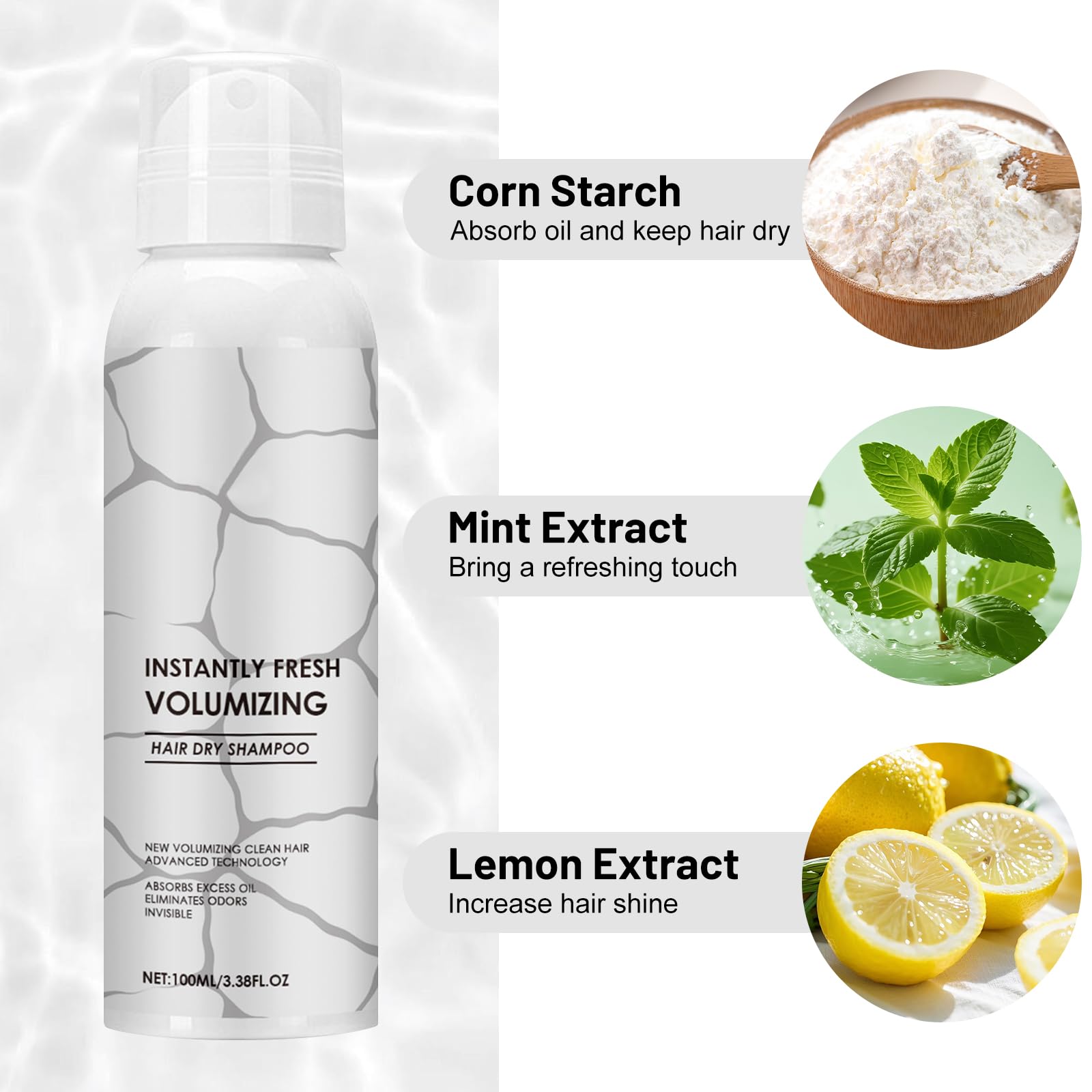 Champú en Seco Spray 100ml, Dry Shampoo sin Residuos Blancos, Frescura y Volumen Inmediato, Limpieza sin Lavado, para Cabello Graso, Oscuro y Claro, Formato Viaje