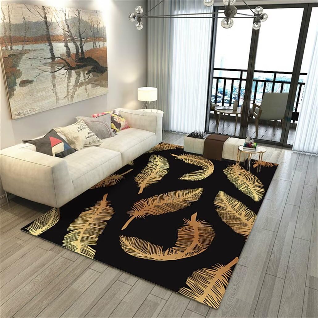Tapis à feuilles pour salon moderne : grand format lavable 200x300cm noir