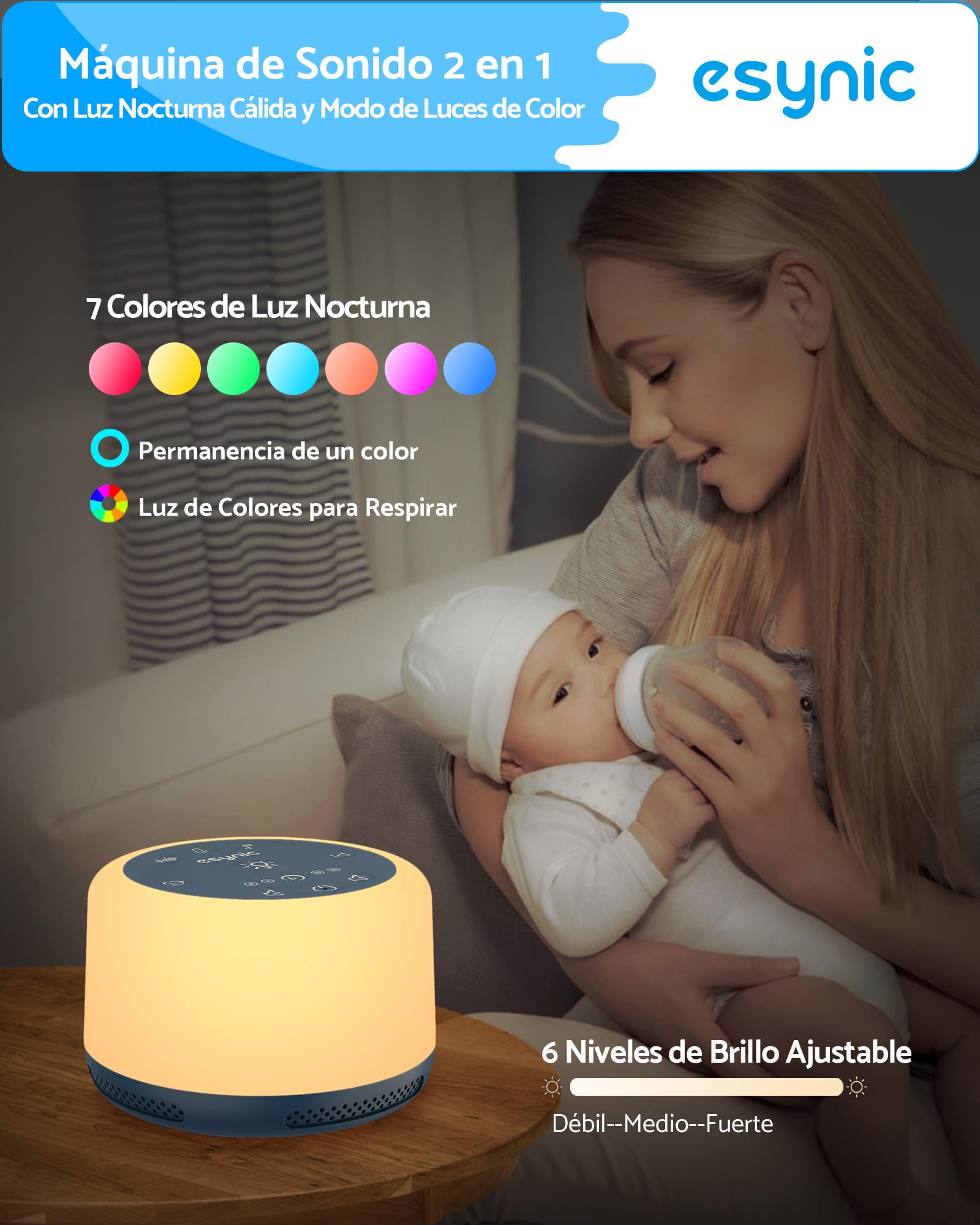 Máquina de Ruido Blanco eSynic Máquina de Sonido Portátil para Dormir para Bebé con 30 Tipos de Sonidos Relajantes, Luz Nocturna Ajustable,Temporizador, Batería incorporada de Gran Capacidad — view 5