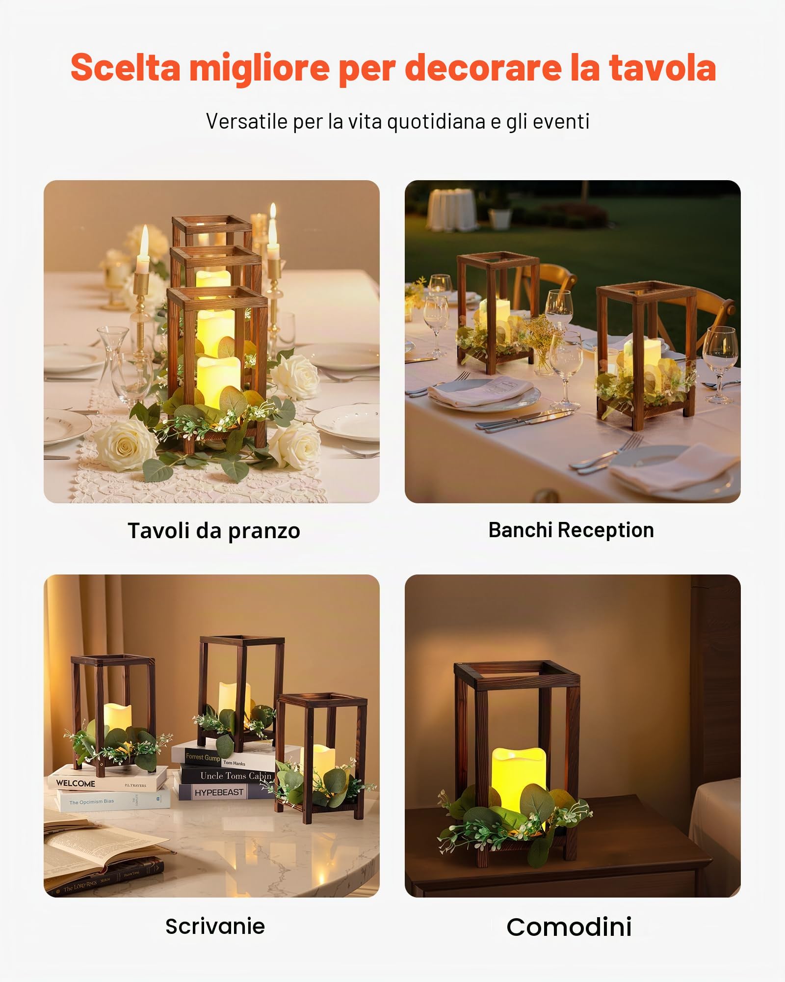 VEVOR Set Centrotavola Lanterna in Legno 12 Pezzi Portacandele Lanterna in Legno Candele LED Senza Fiamma, Ghirlande di Foglie di Eucalipto per Decorazioni da Tavolo Carico 6,08 kg per Matrimoni